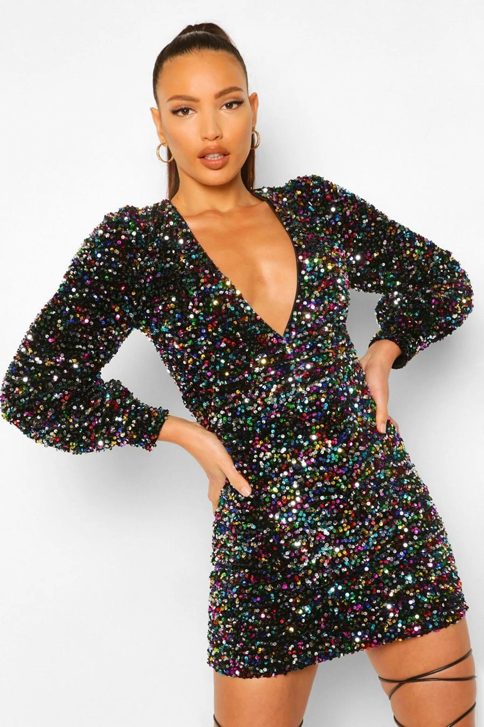 Tall Sequin Balloon Sleeve Plunge Mini Dress