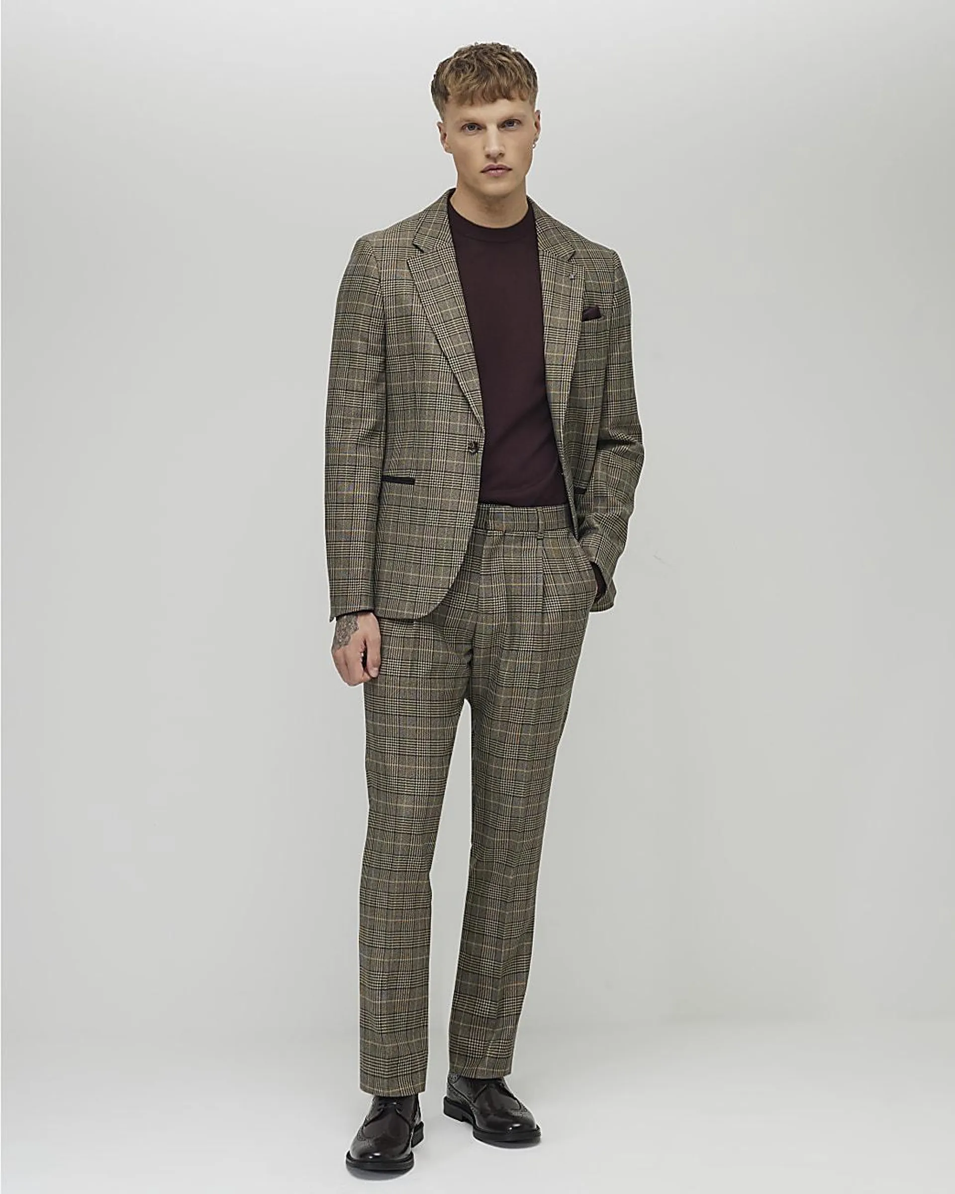 Brown Slim Fit Check Suit Trousers