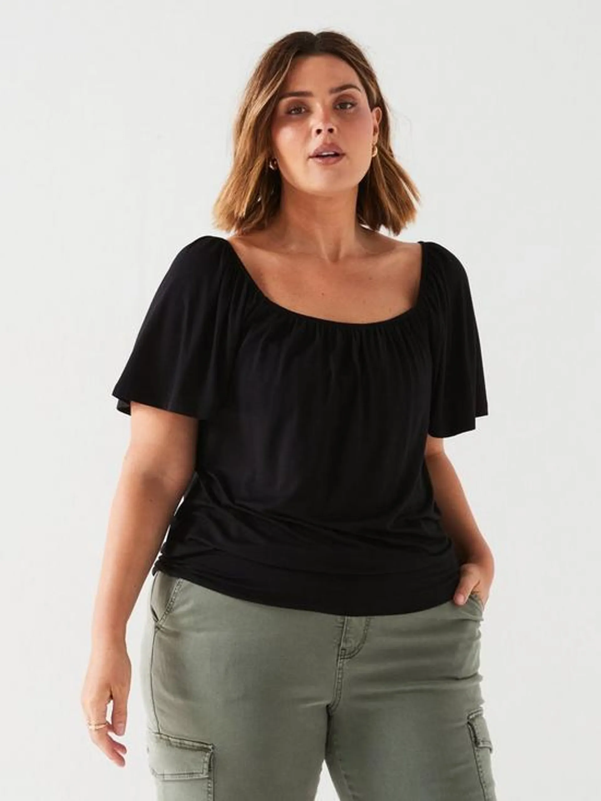 Square Neck Banded Hem Top - Black