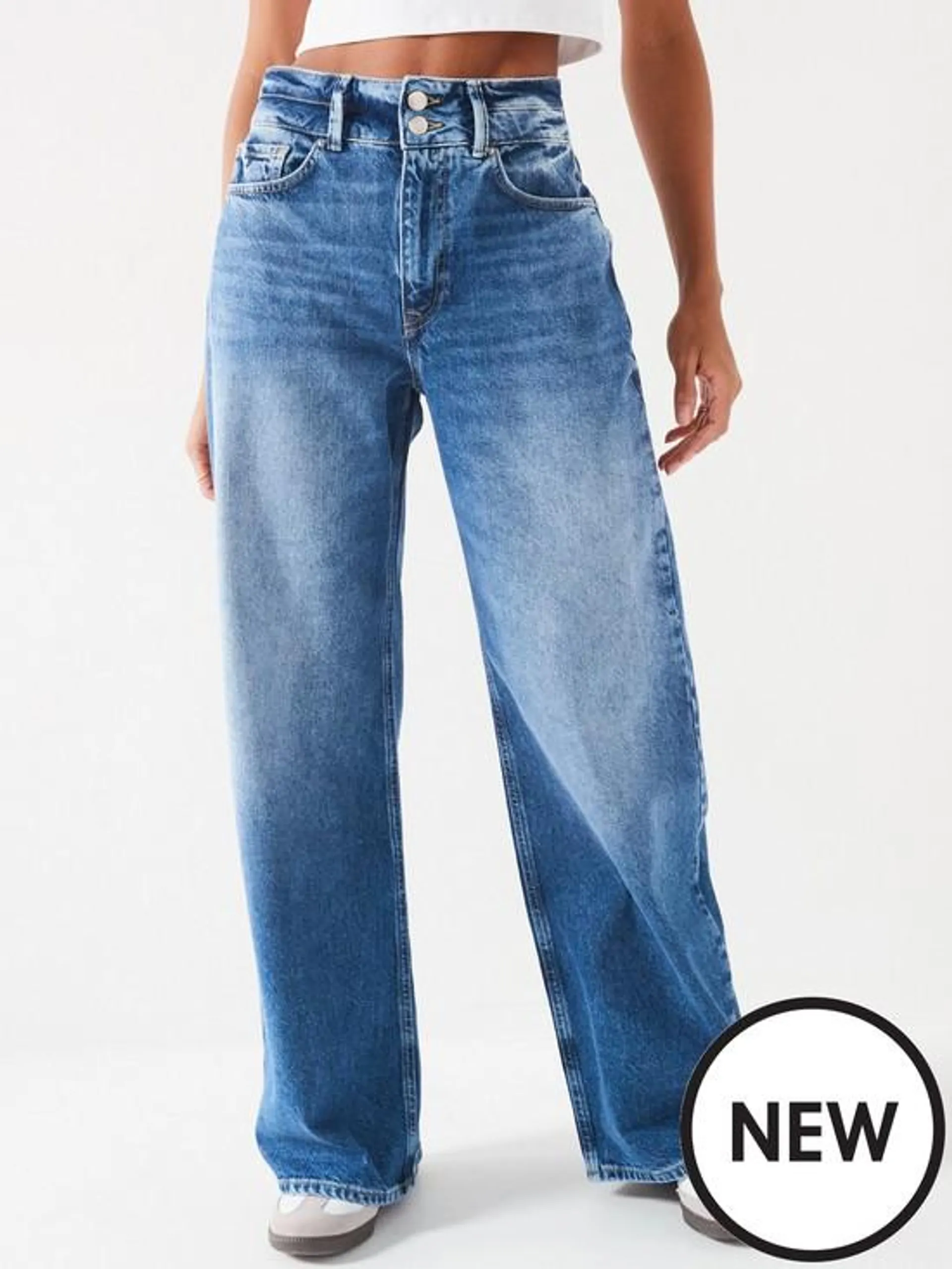 Double Button Waistband Wide Jeans