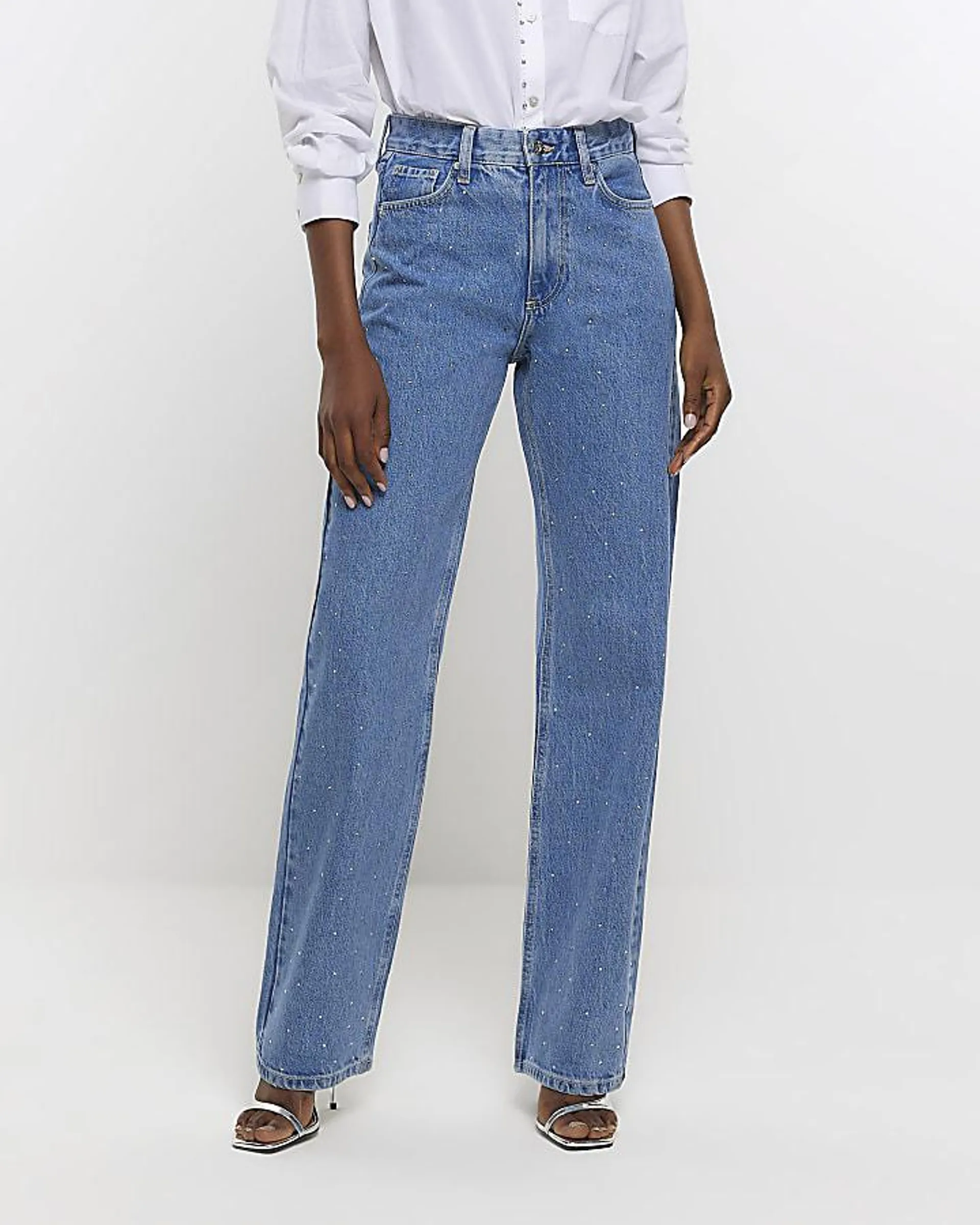 Blue high waist diamante straight jeans