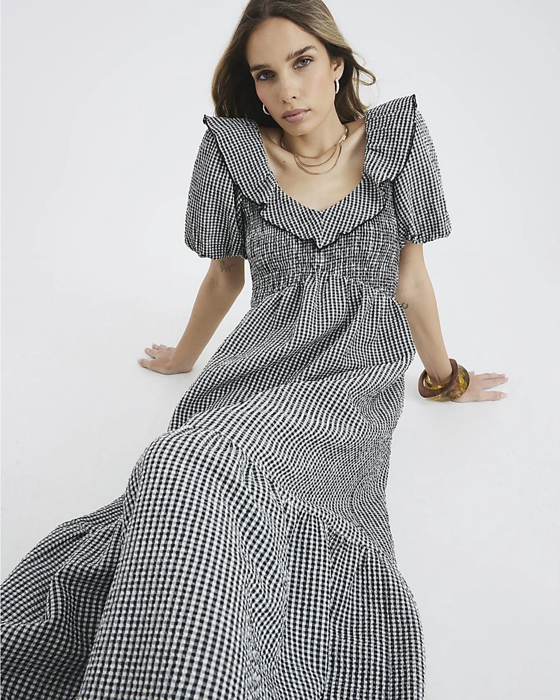 Black Gingham V Neck Frill Midi Dress