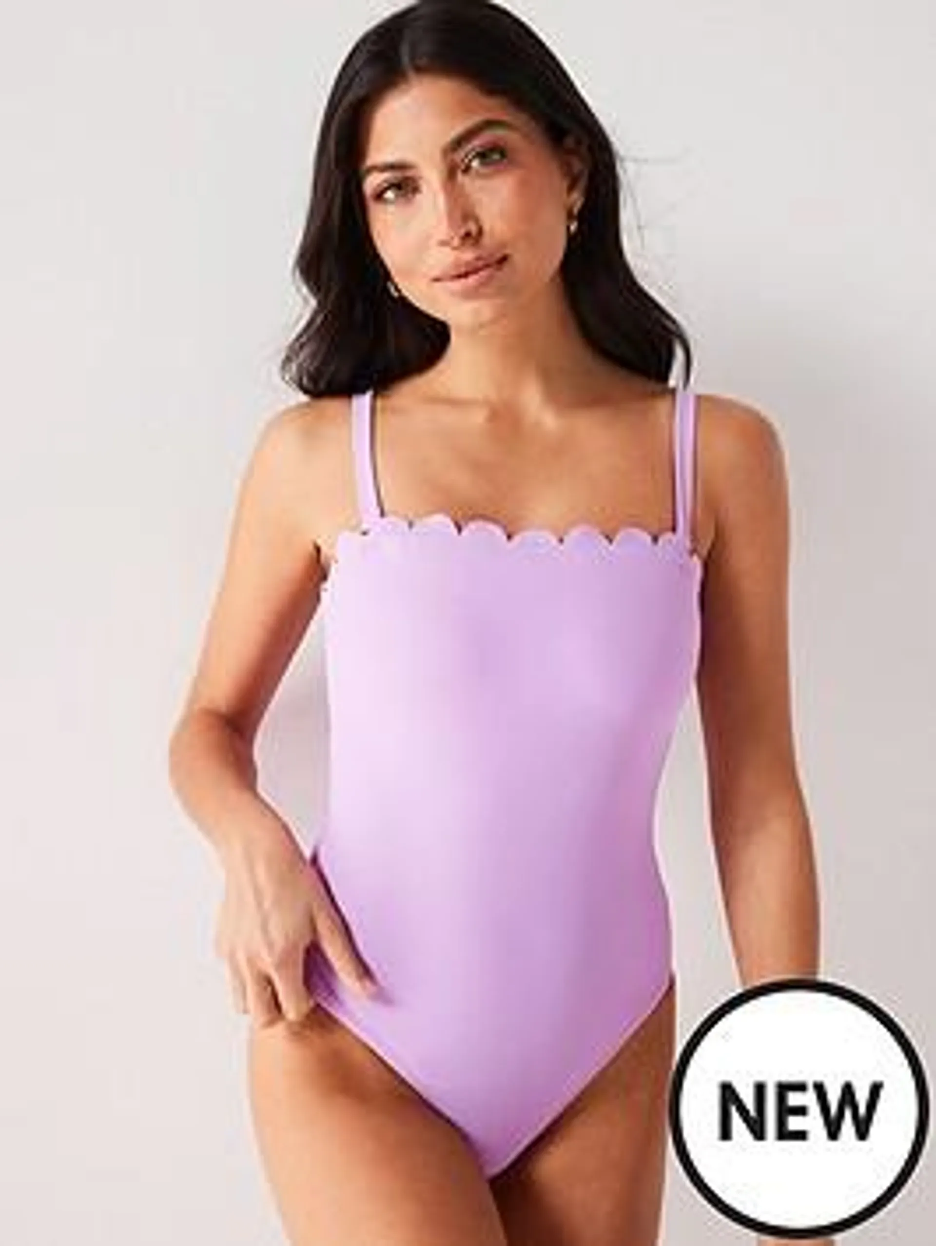 Scallop Edge Bandeau Detachable Swimsuit - Lilac