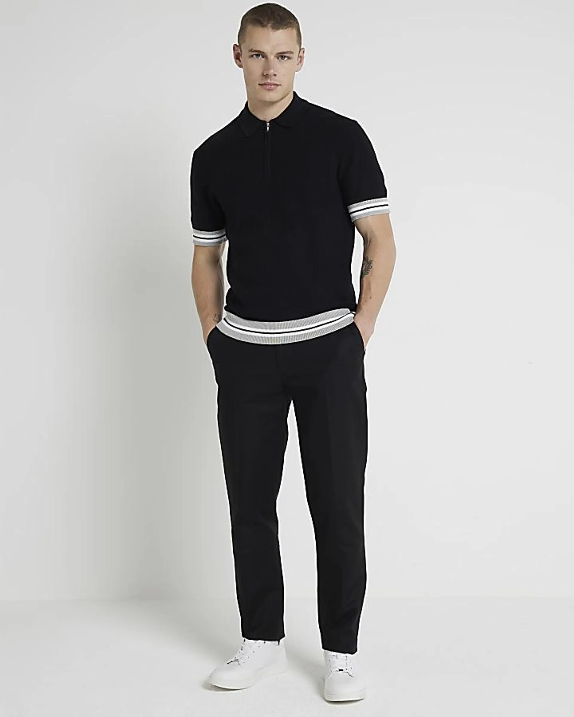 Black slim fit knitted polo shirt