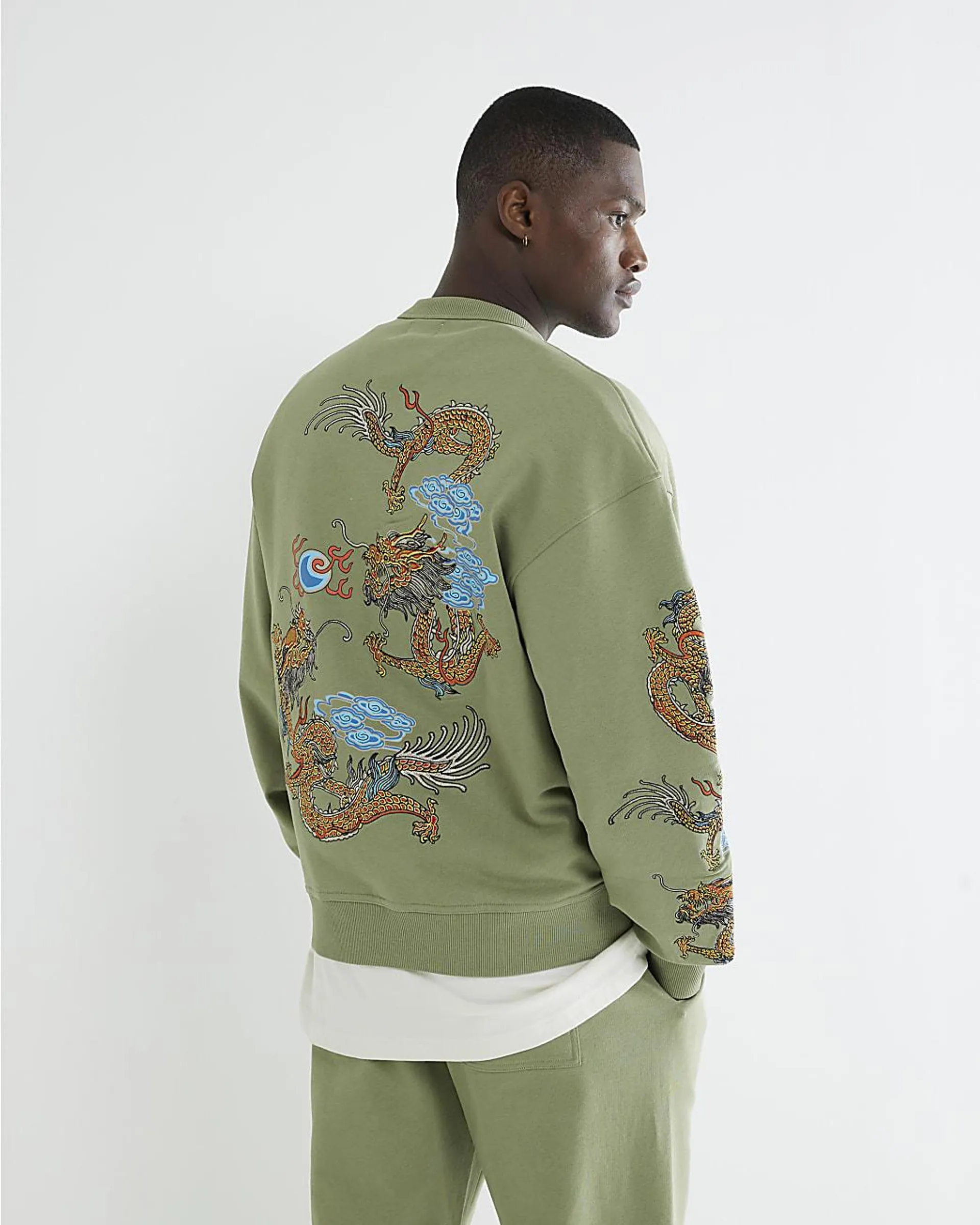 Khaki Embroidered Dragon Sweatshirt