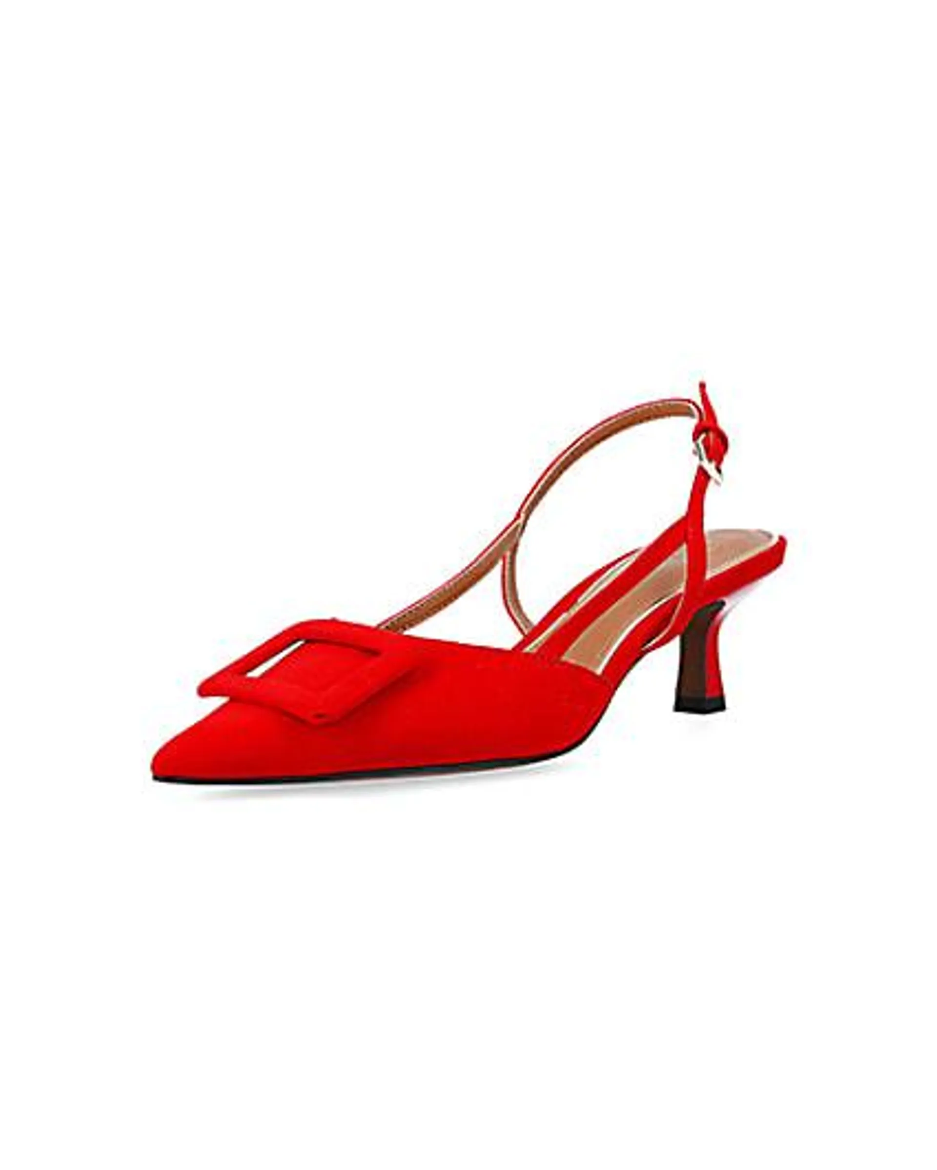 Red buckle sling back heeled court shoes