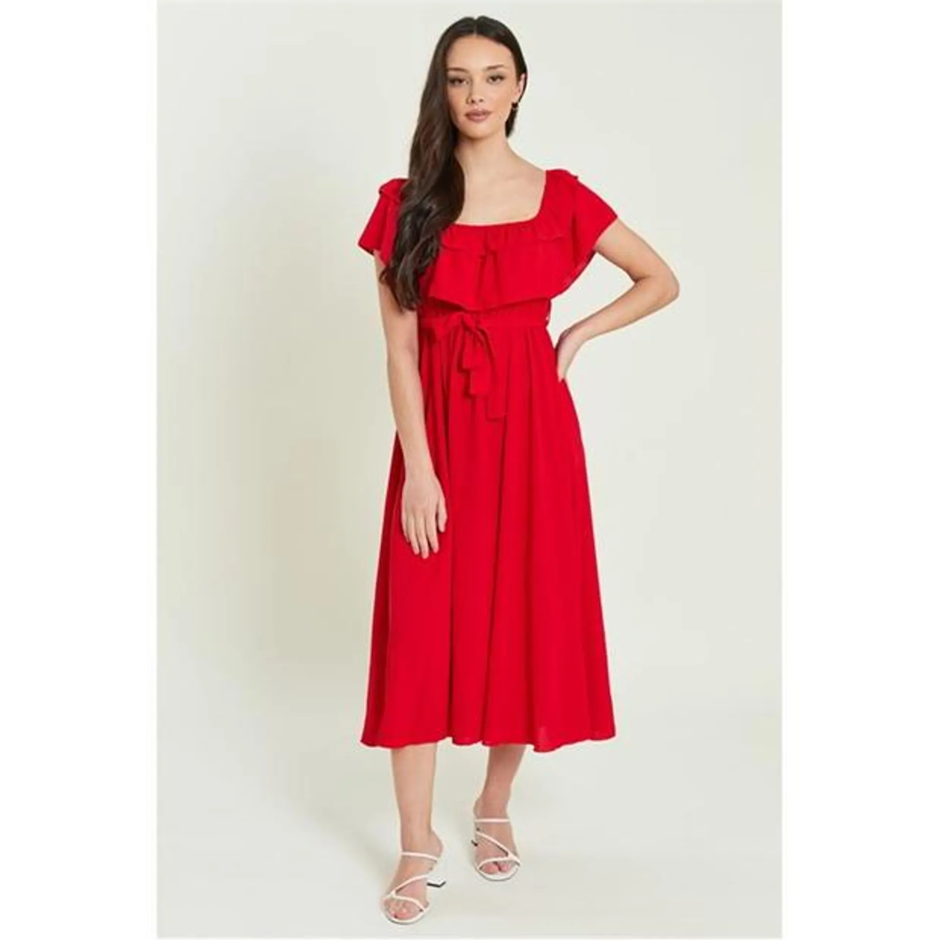 Frill Bardot Belted Midaxi Dress