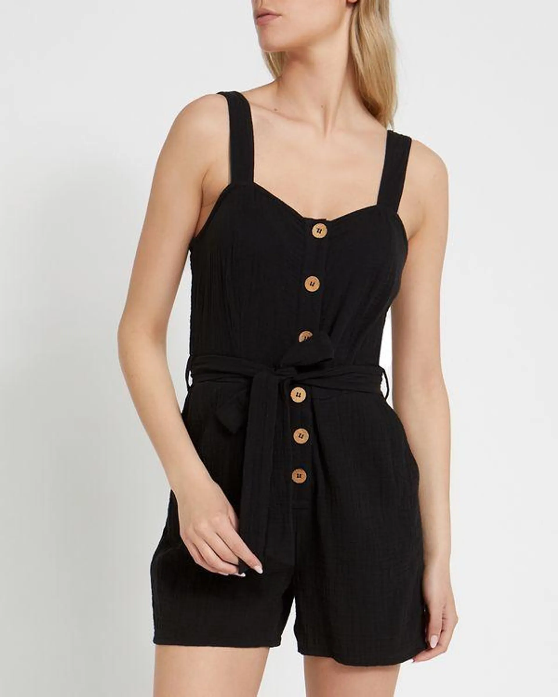 Double Cloth Cotton Black Button Up Playsuit