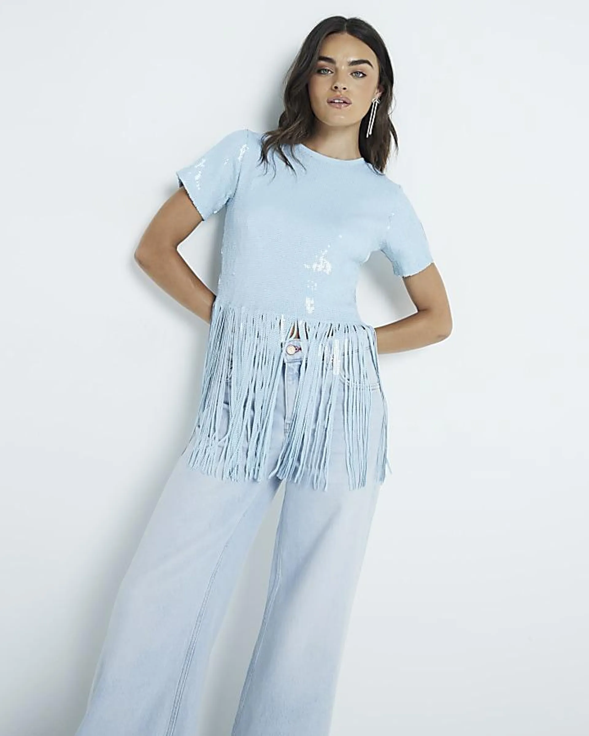 Blue Sequin Fringe Crop T-shirt