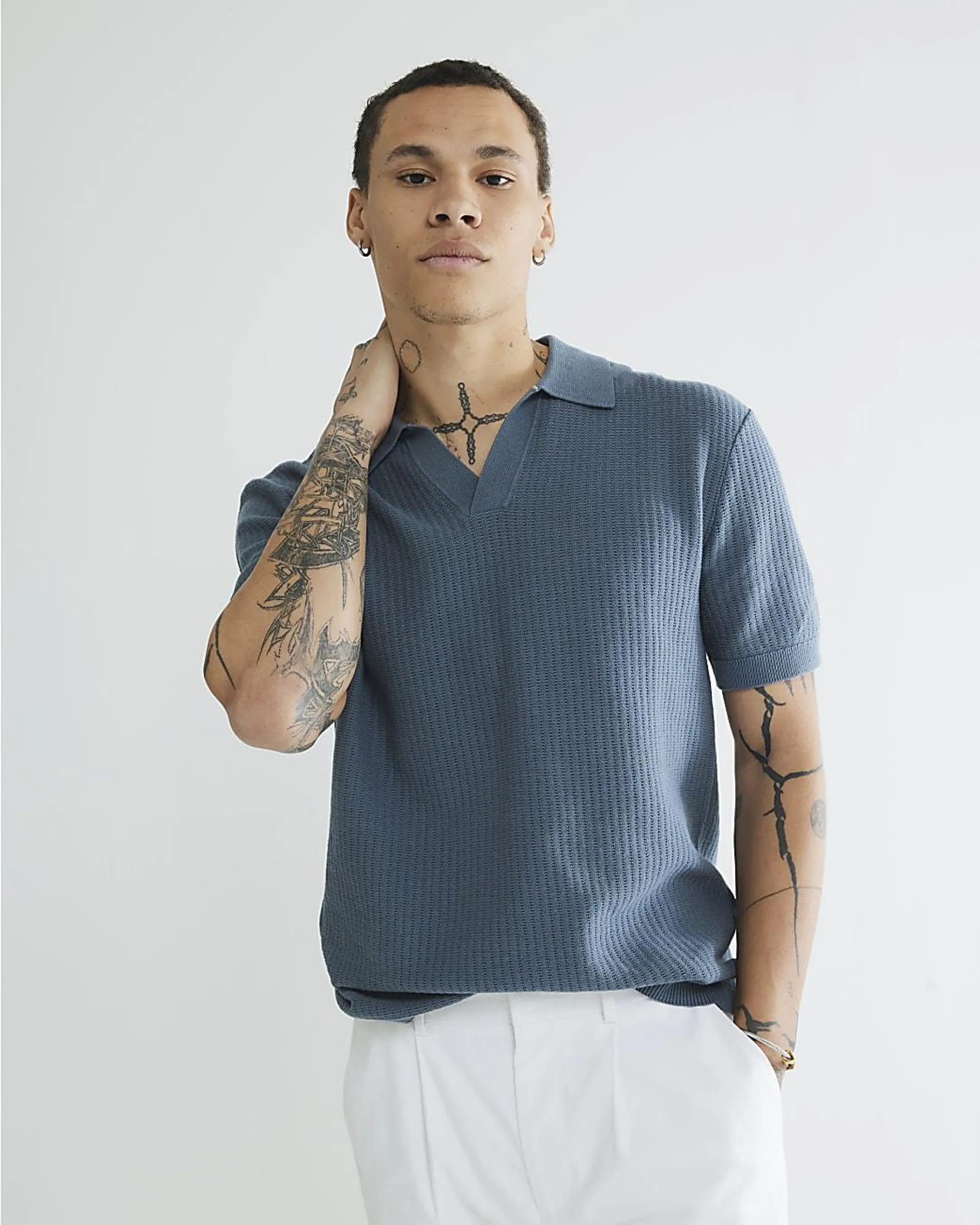 Blue Short Sleeve Open Collar Polo Shirt