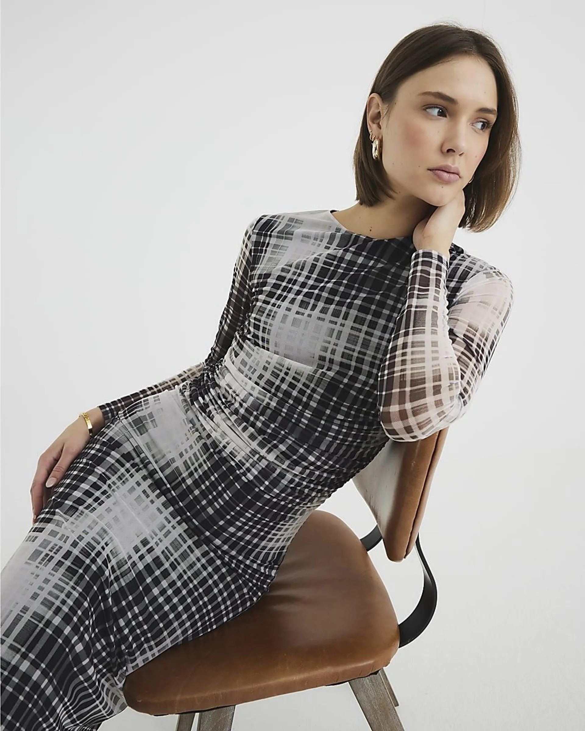 Beige Check Mesh Ruched Midi Dress