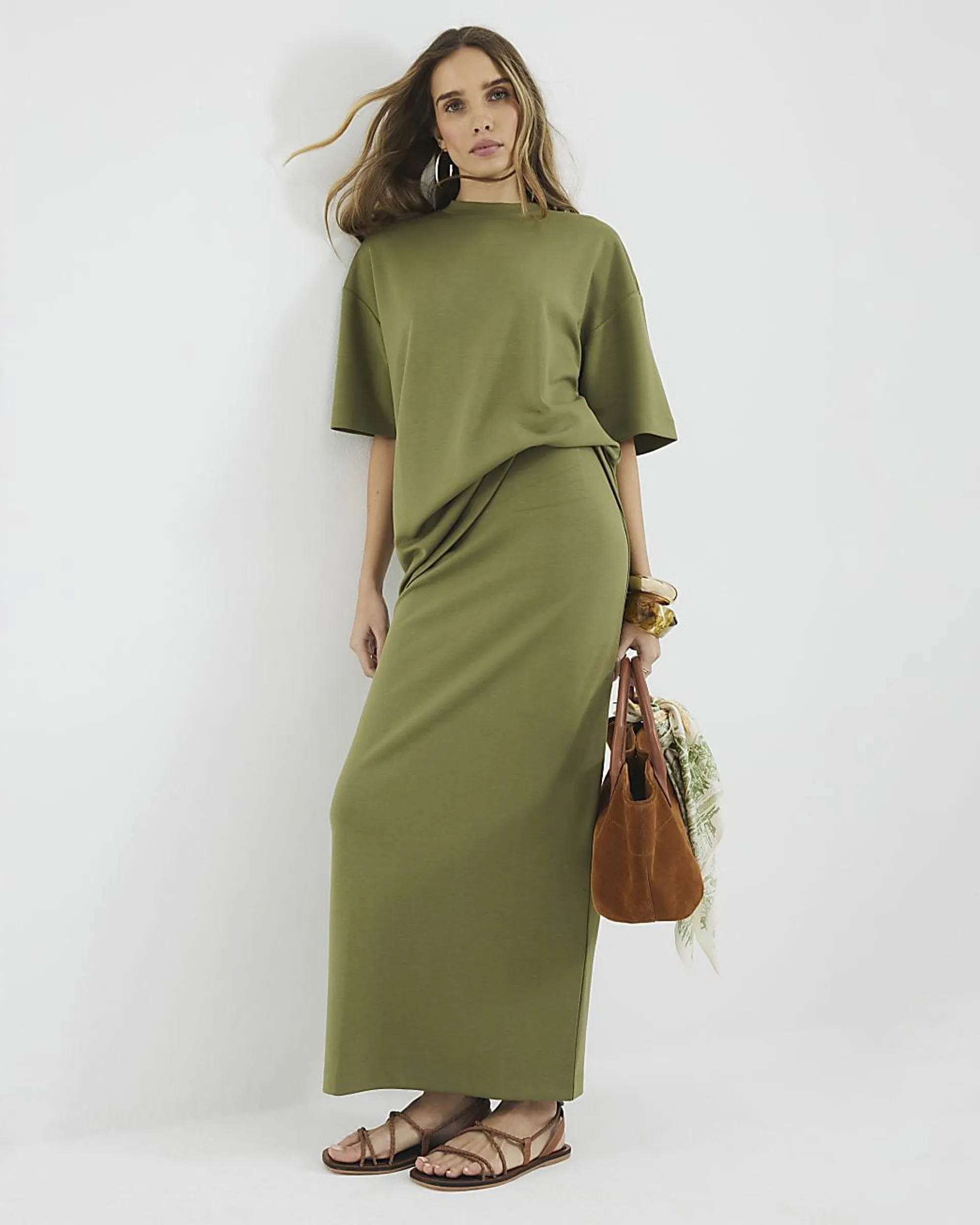 Khaki Neoprene Maxi Skirt