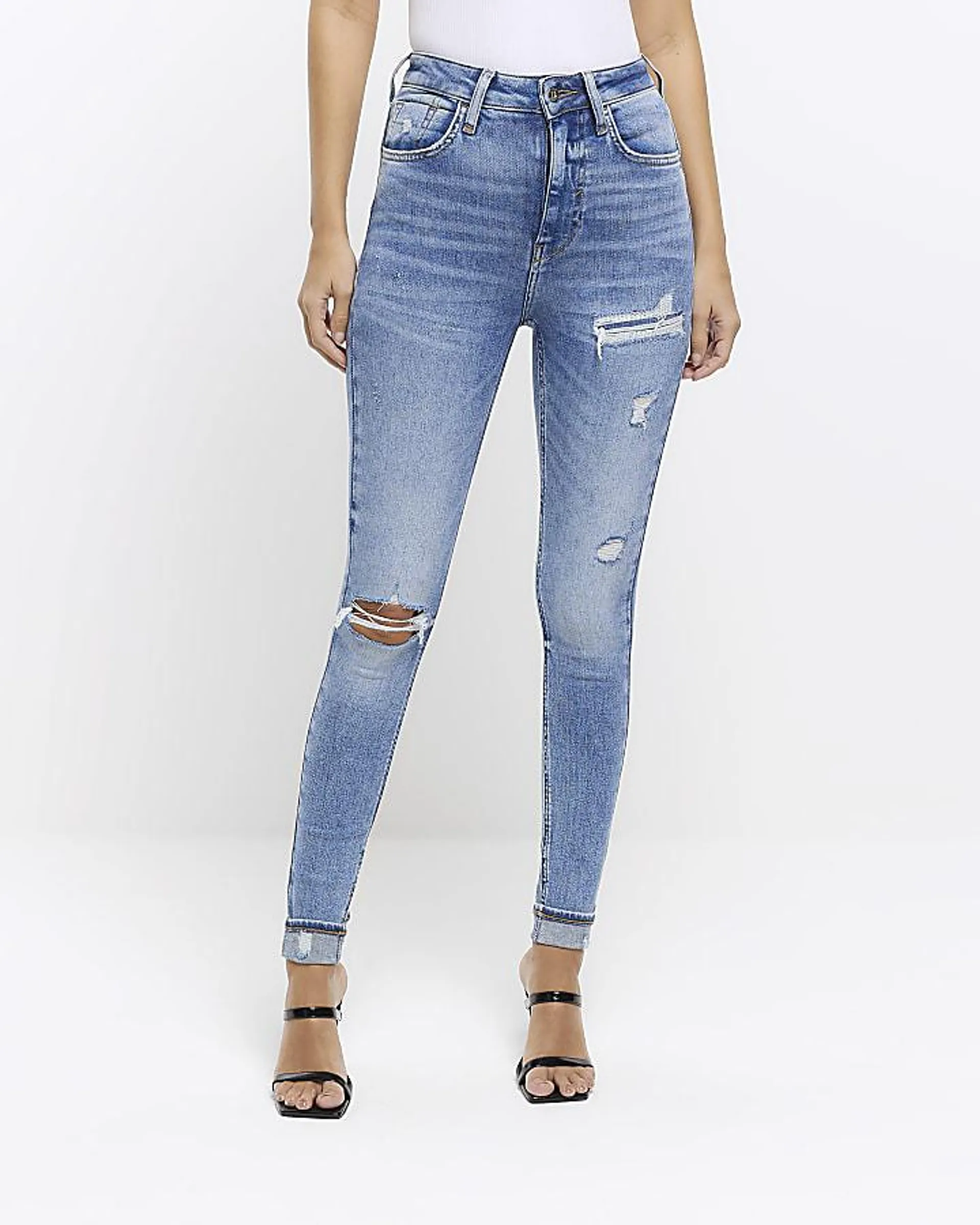 Blue high waist ripped skinny jeans