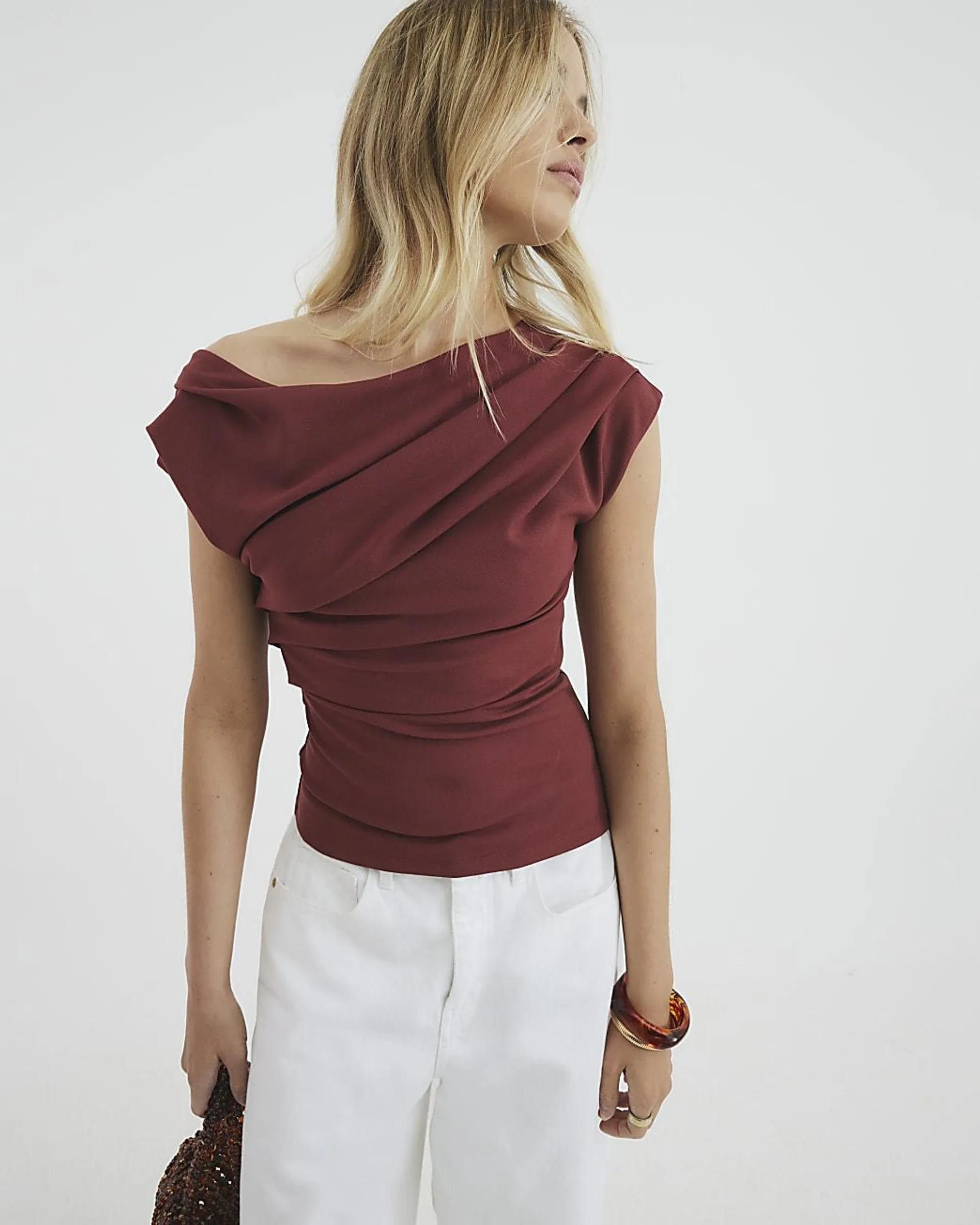Rust Short Sleeve Drape Scuba Top