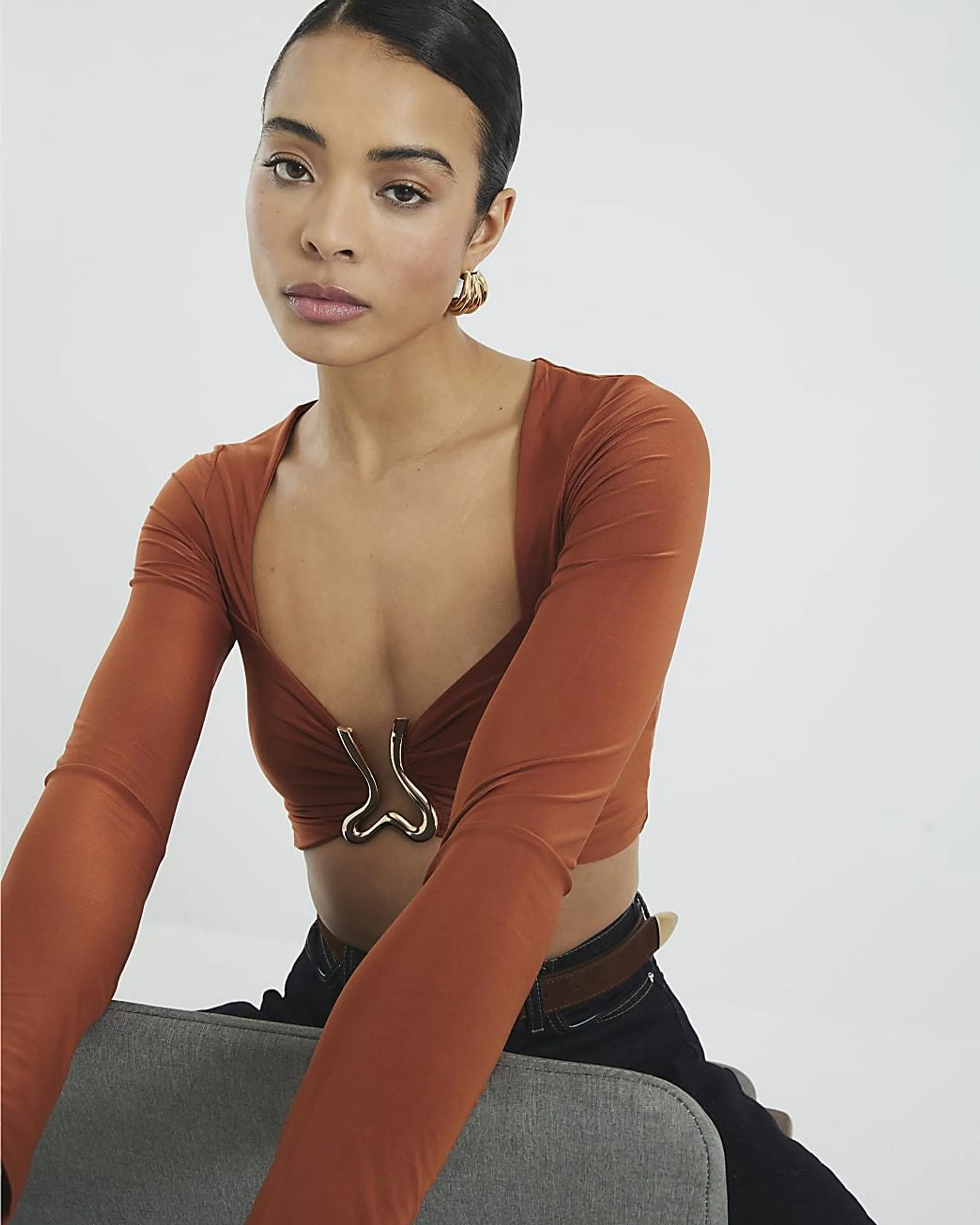 Rust Long Sleeve Gold Trim Crop Top