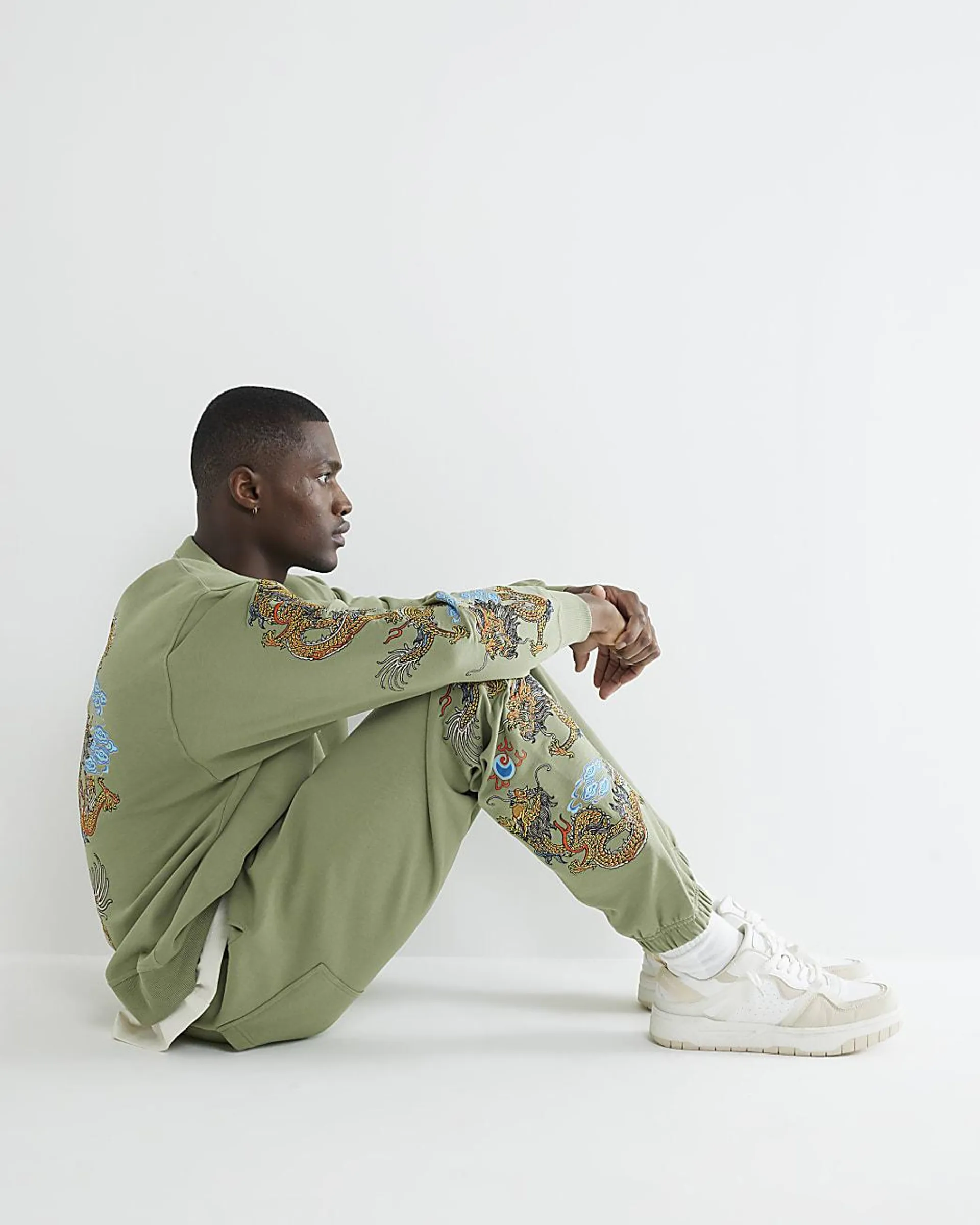 Khaki Embroidered Dragon Joggers