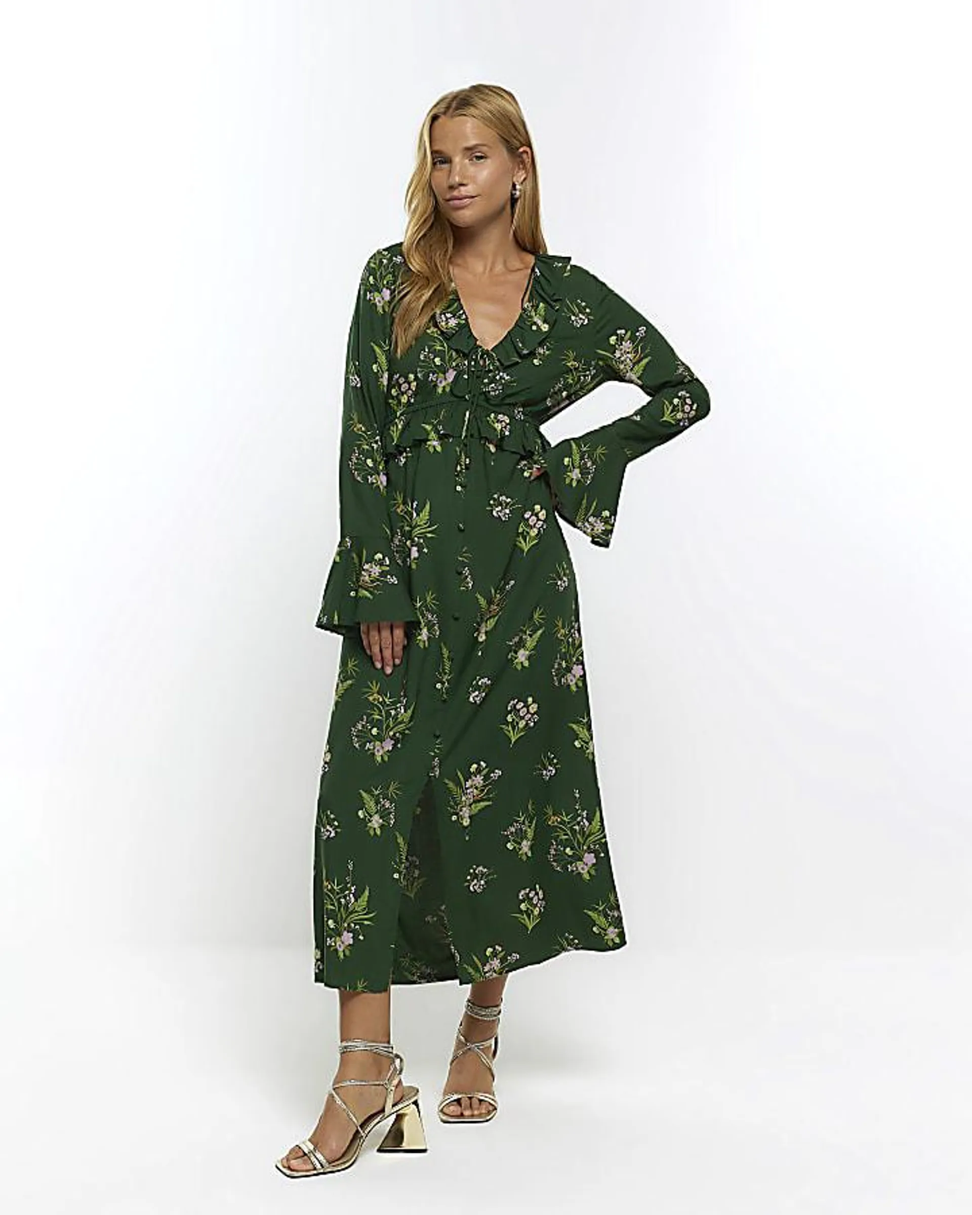 Green floral frill swing midi dress