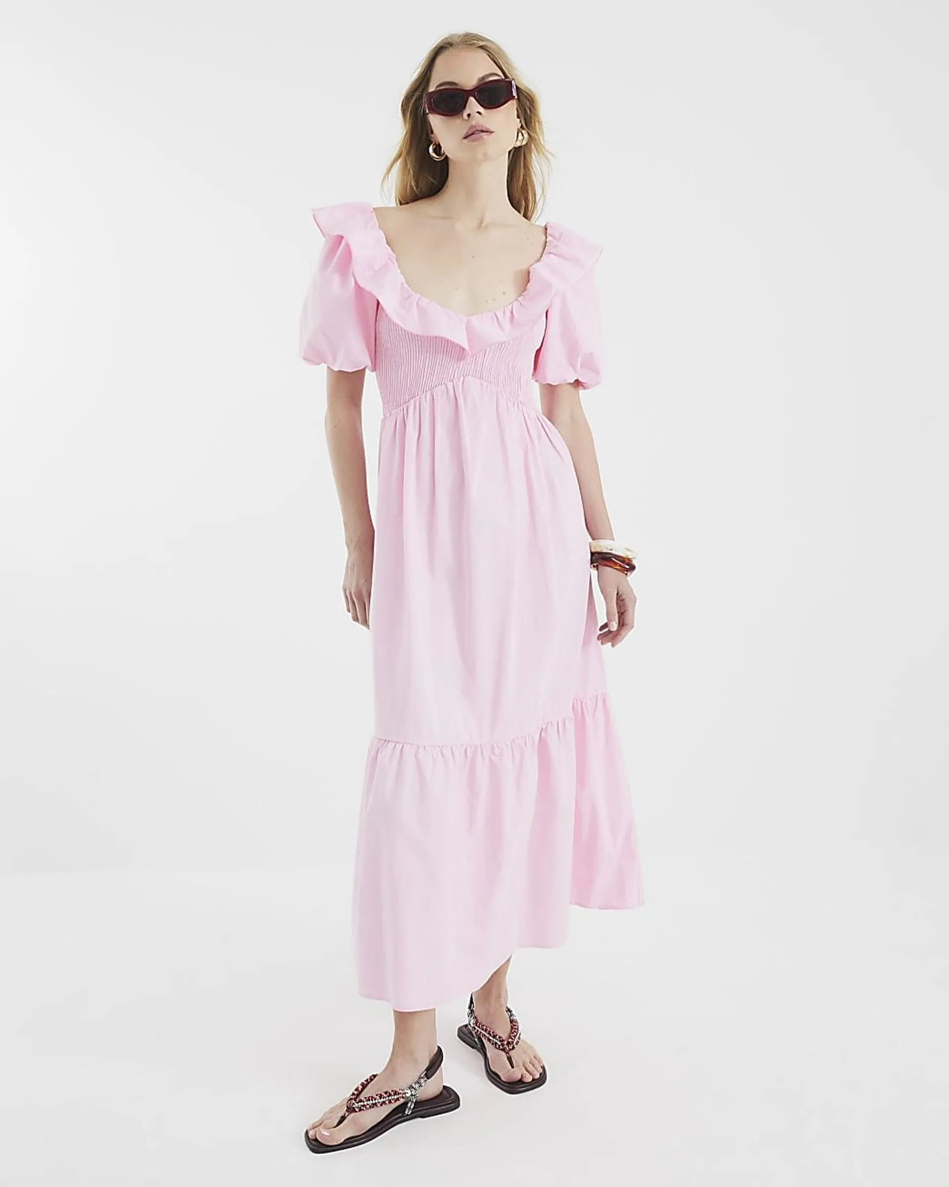 Pink V Neck Frill Midi Dress