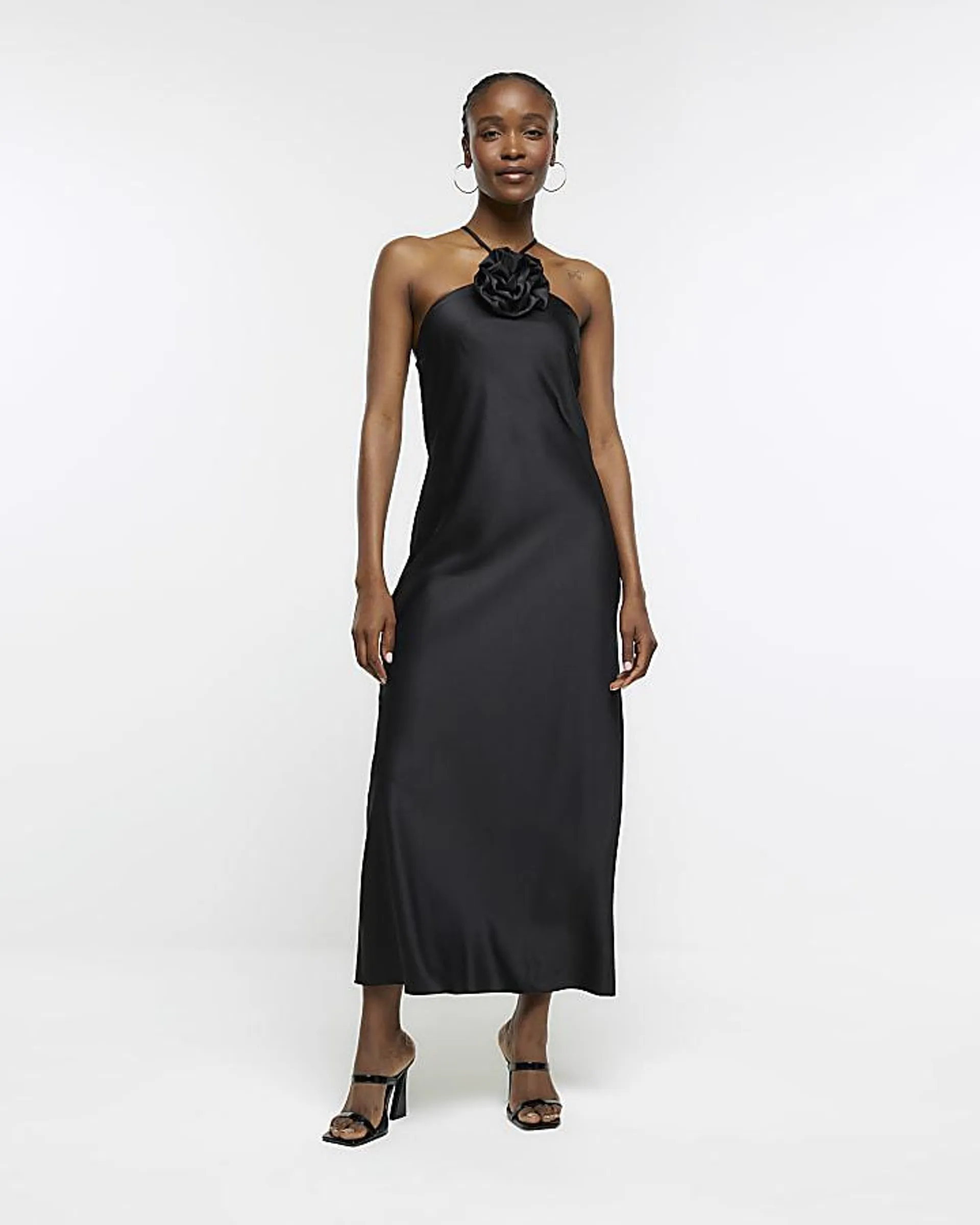 Black satin corsage bodycon midi dress