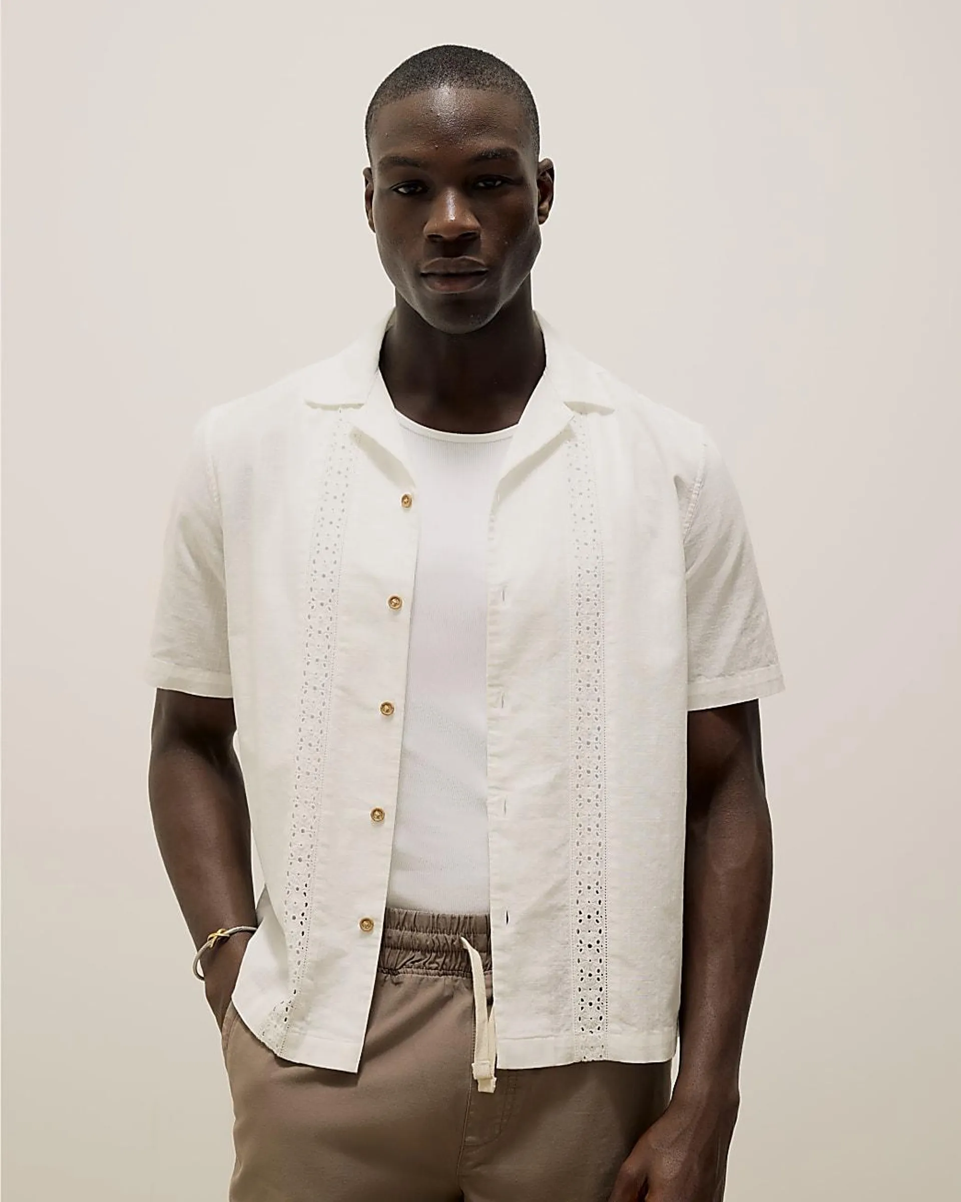 White Short Sleeve Crochet Taped Shirt