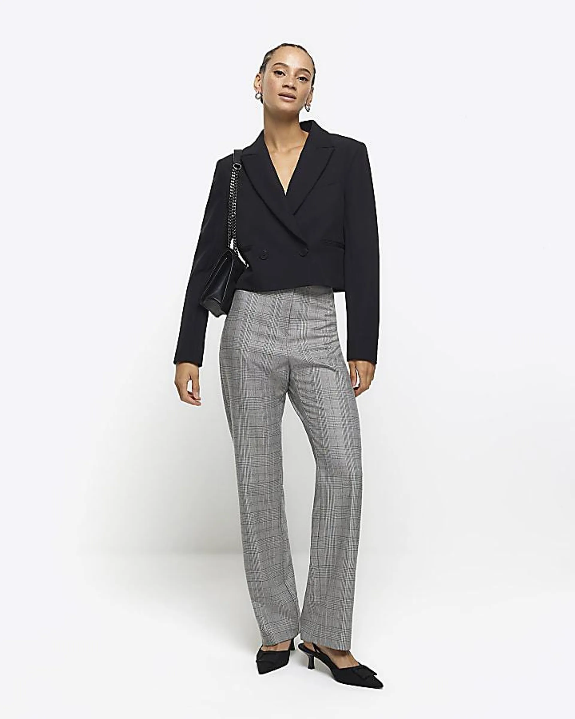 Grey check straight leg trousers