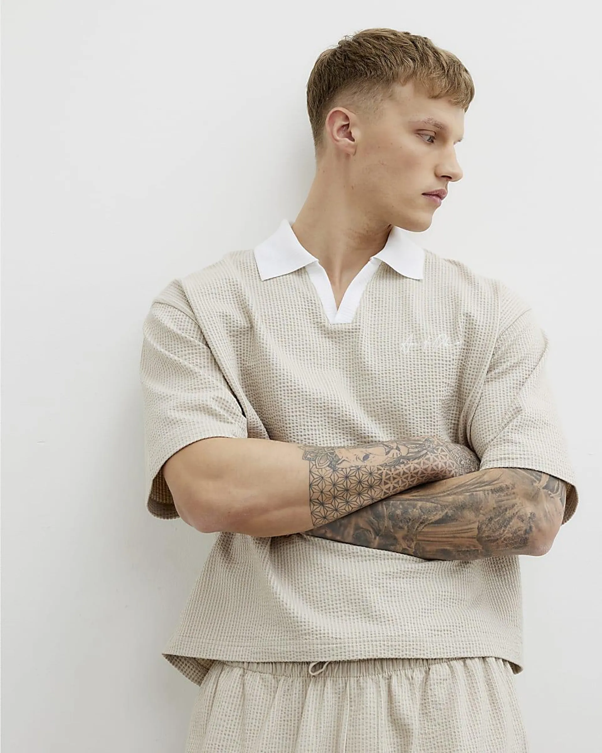 Stone Boxy Fit Textured Open Neck Polo Shirt