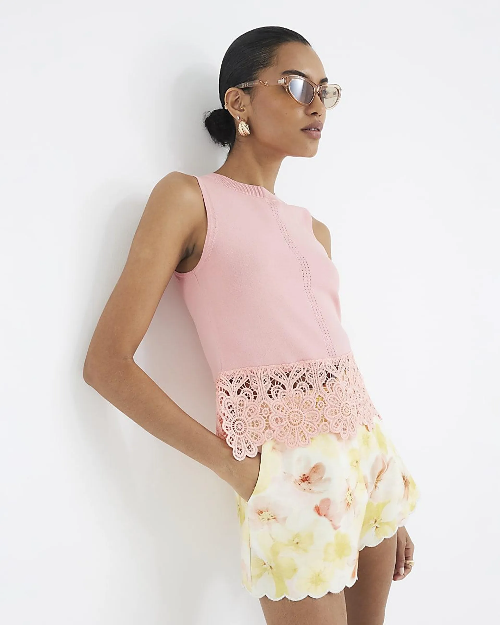 Pink Lace Trim Knitted Tank Top