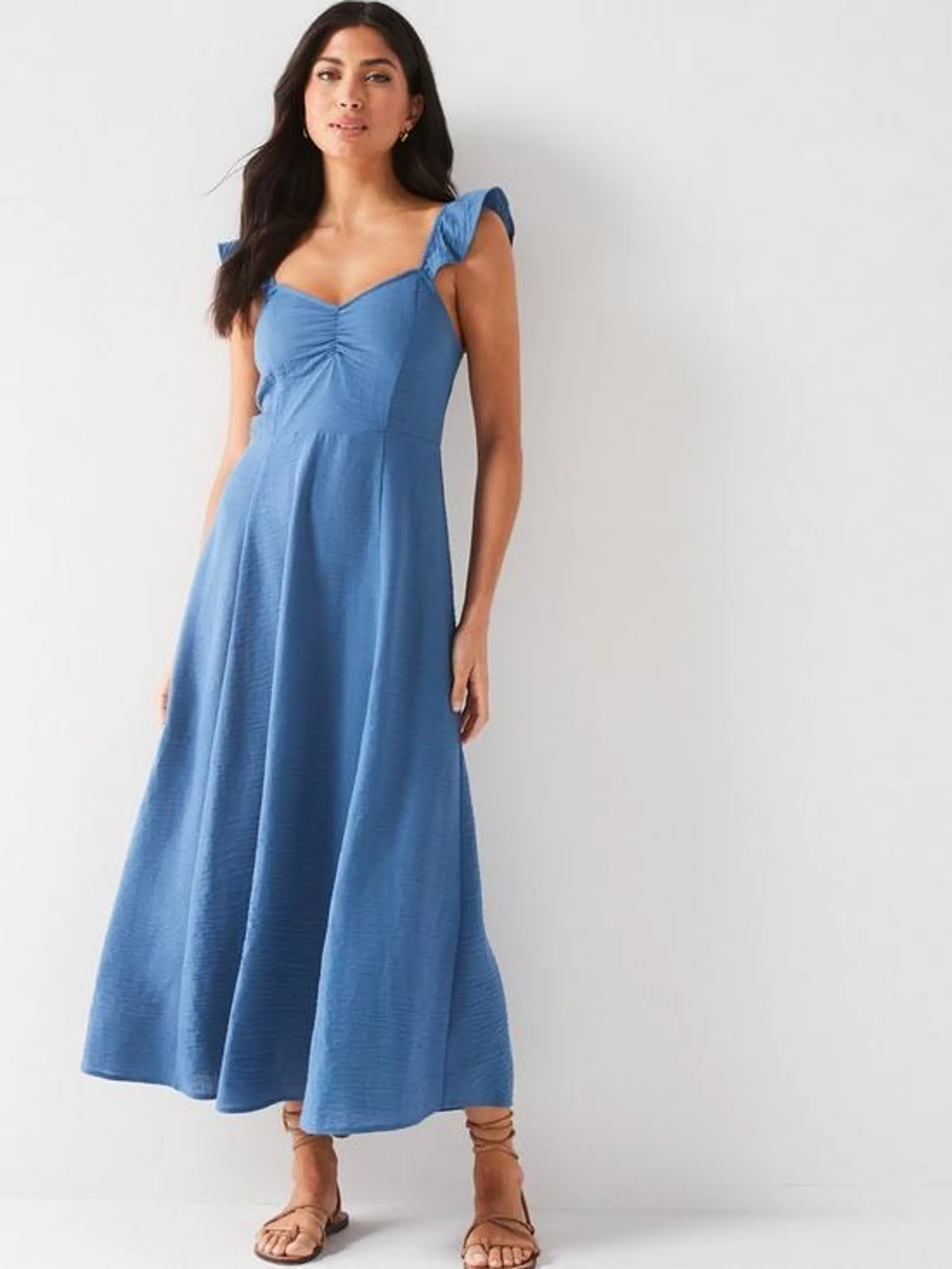 Frill Sleeve Textured Midaxi Dress - Blue