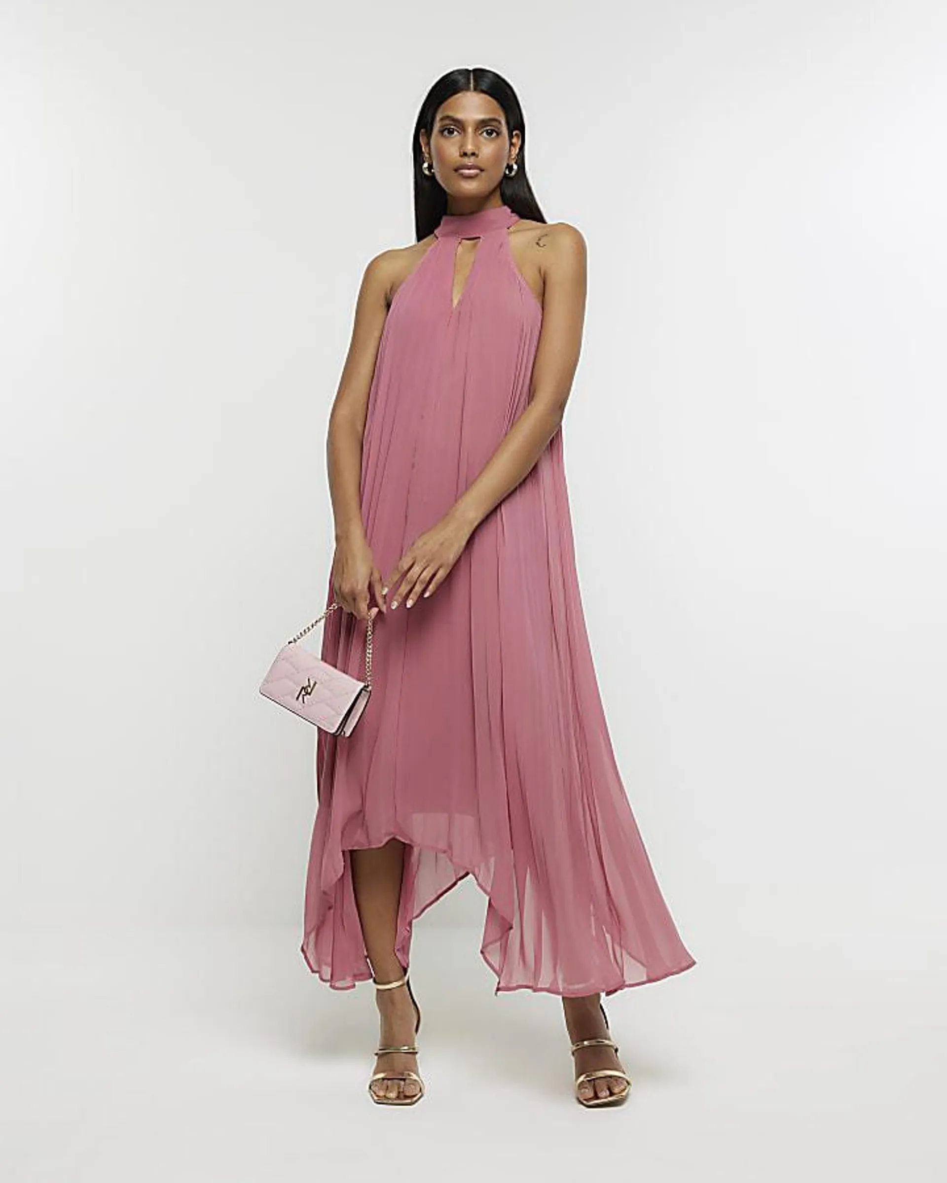 Pink Pleated Choker Midi Dress