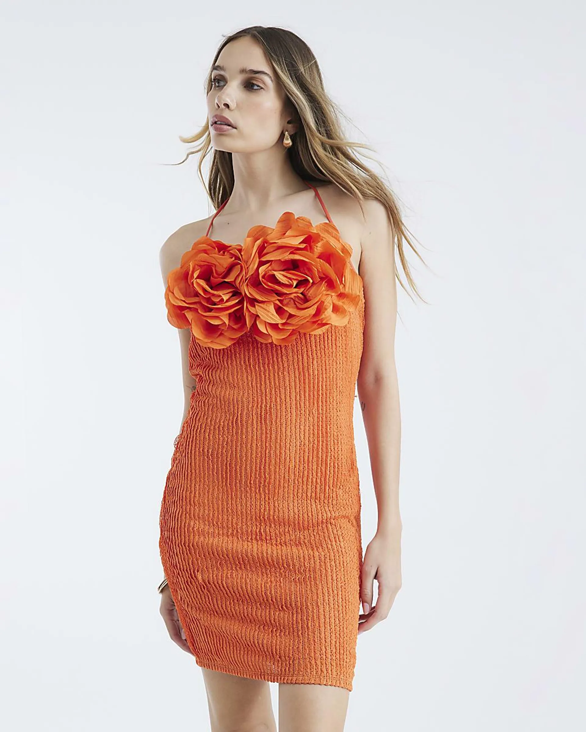 Orange Corsage Halter Neck Mini Dress