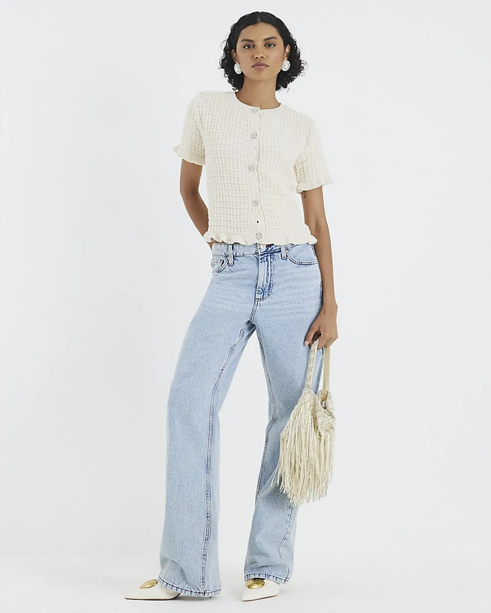 Cream Knitted Frill Short Sleeve Cardigan