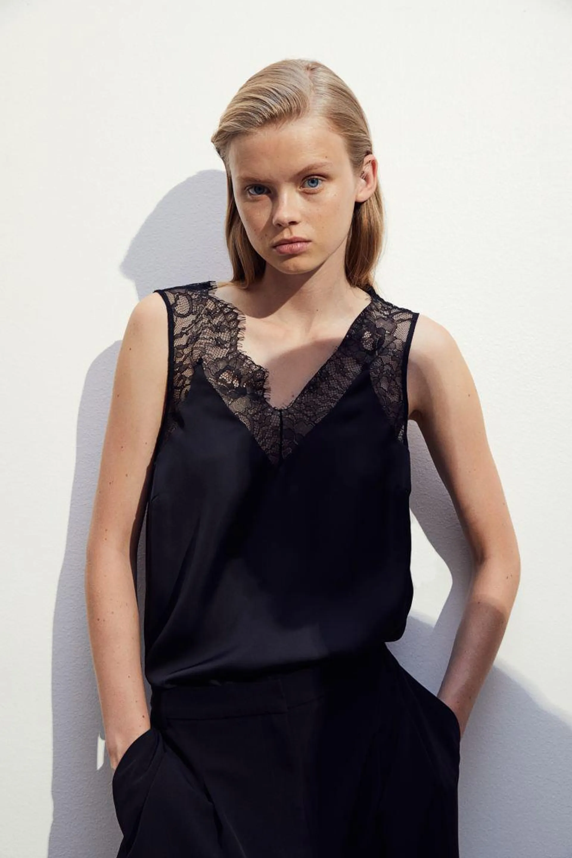 Lace-trimmed satin top
