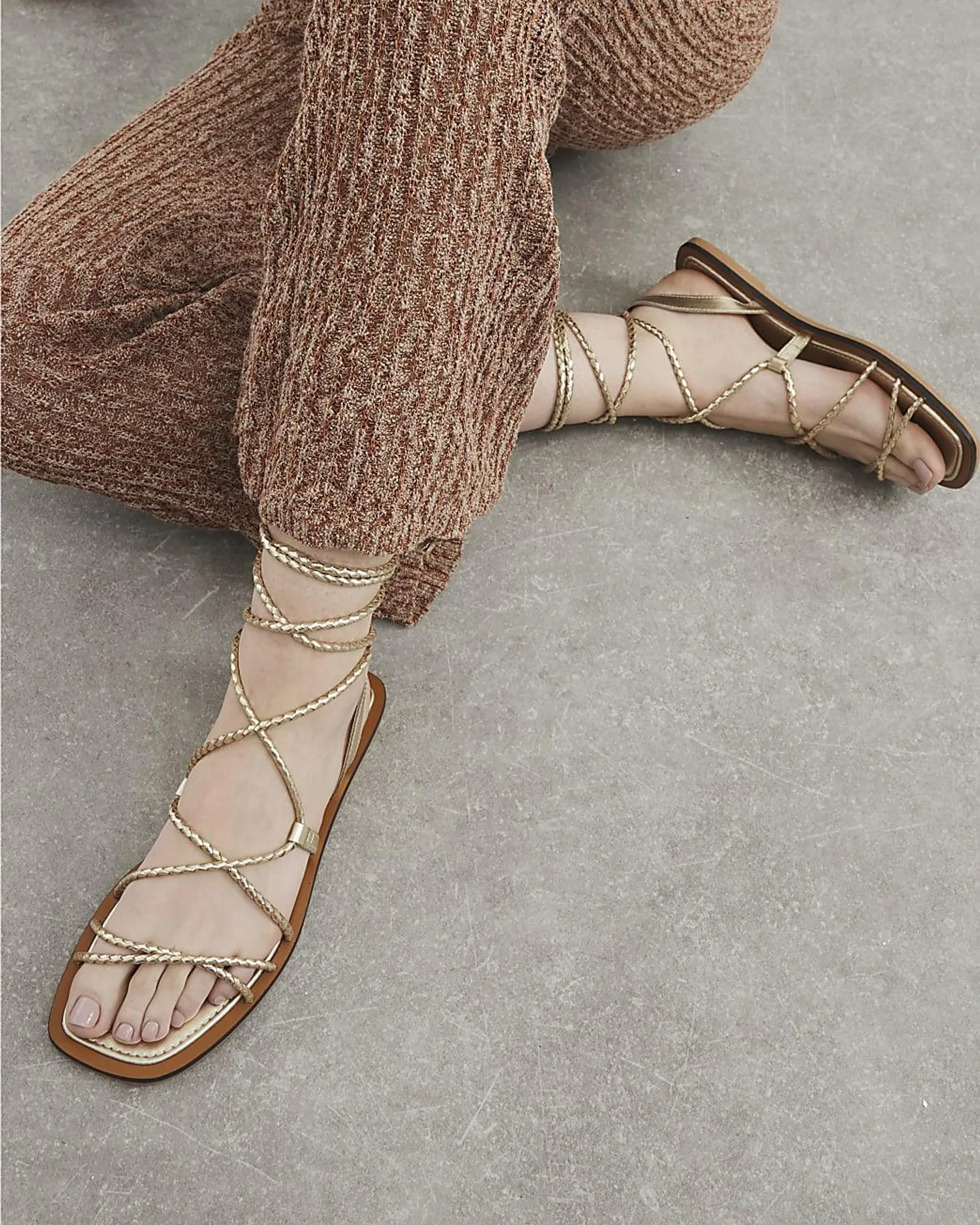 Gold Leather Plaited Tie Up Gladiator Sandals