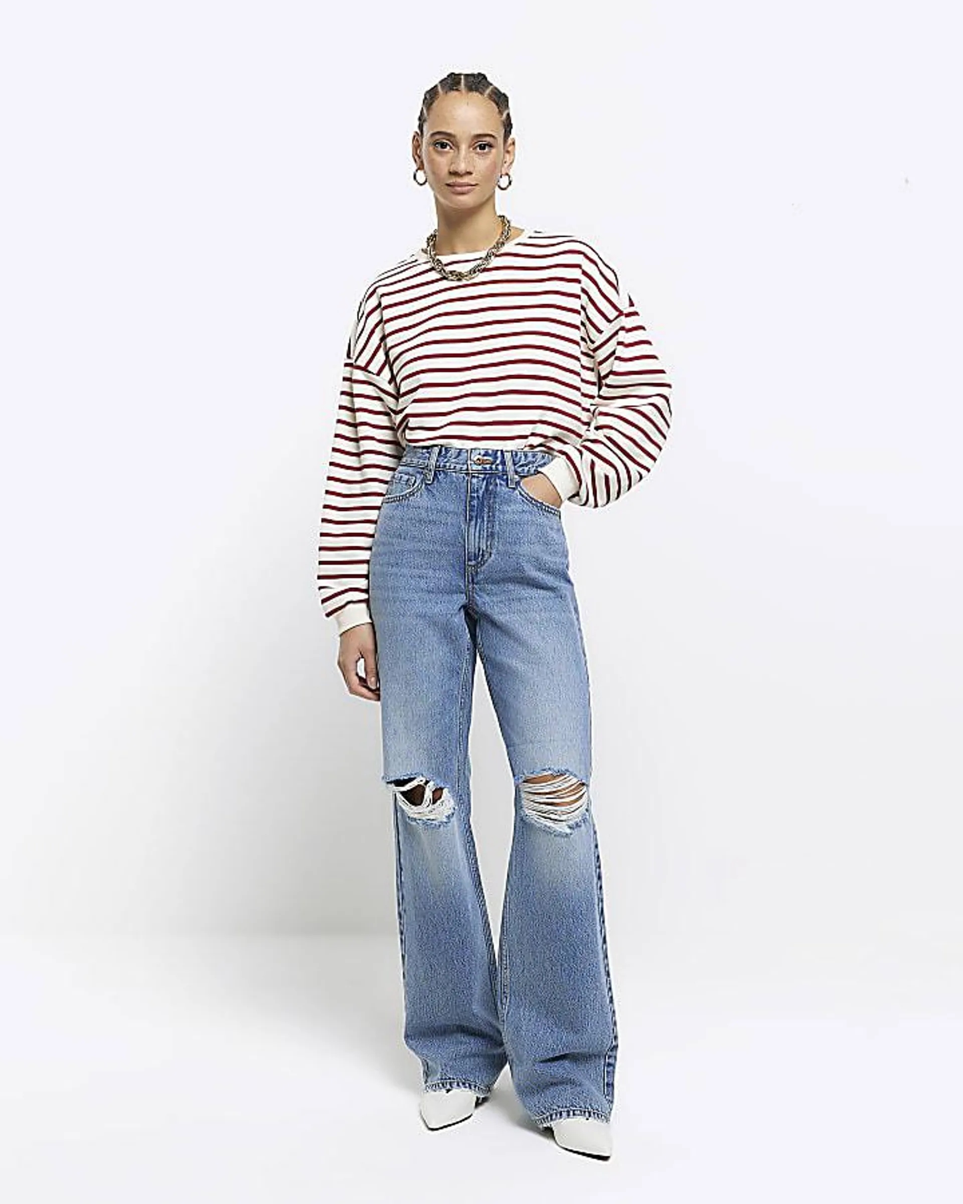 Blue high waisted relaxed straight rip jeans