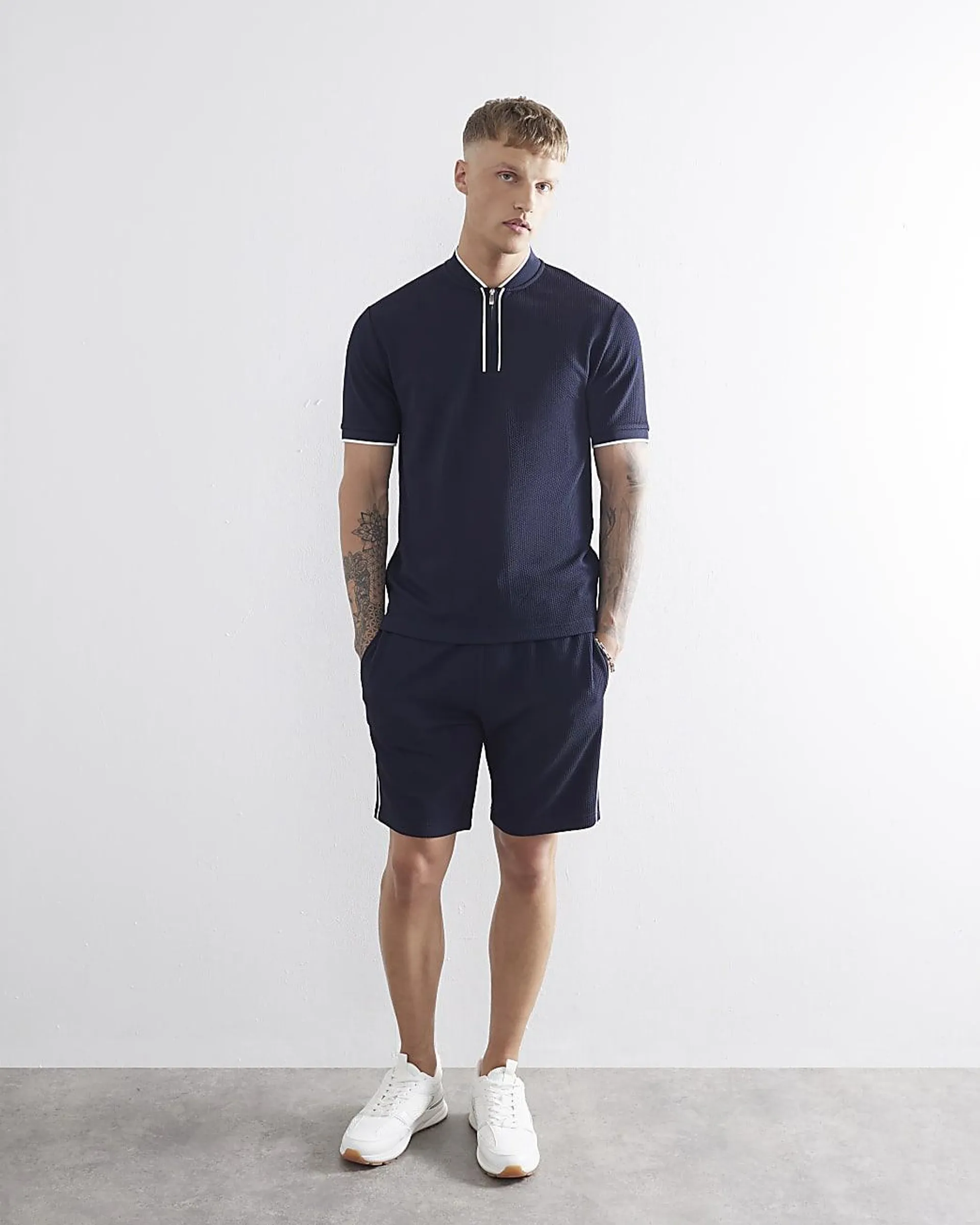 Navy Slim Fit Tipped Texture Shorts