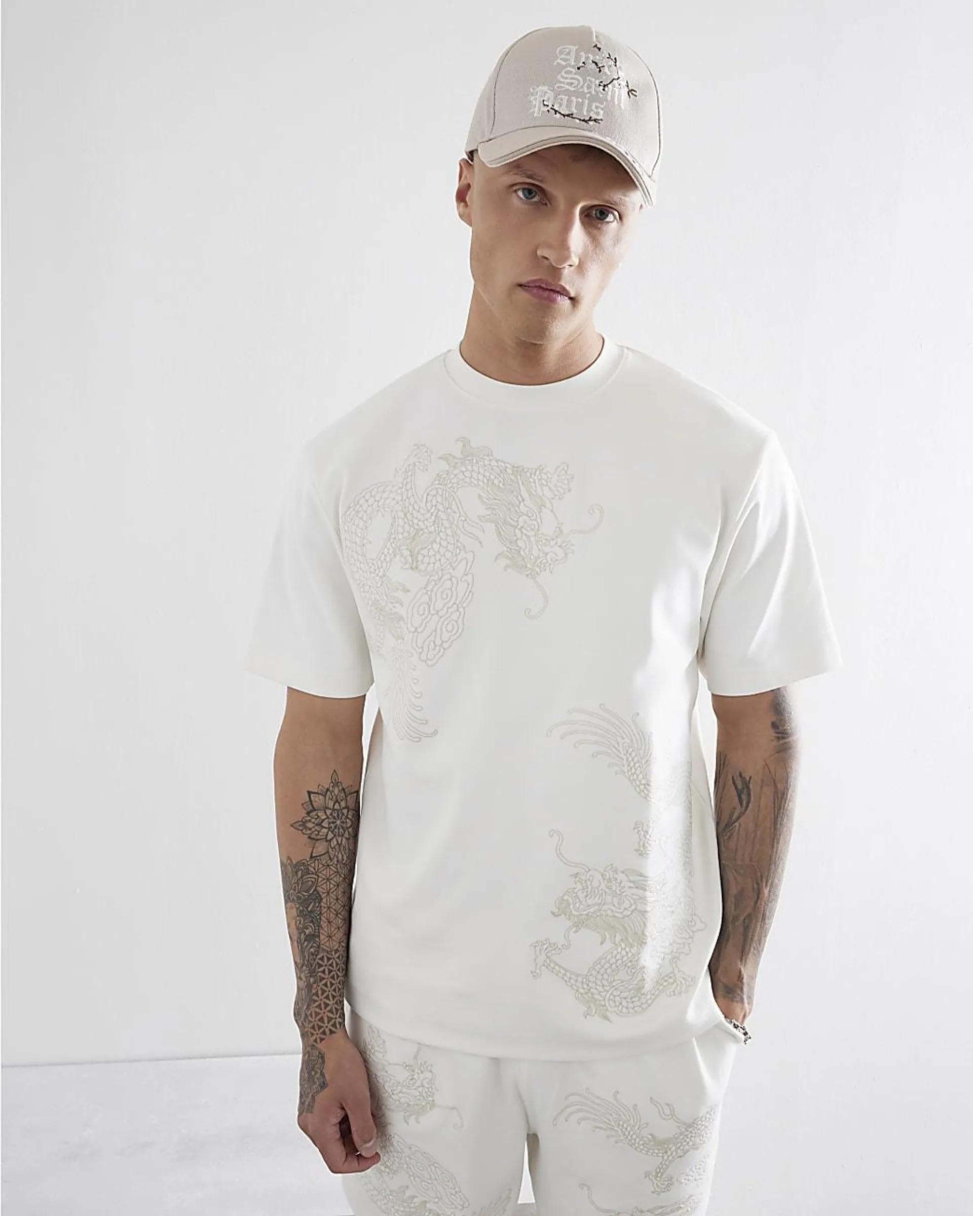 Ecru Regular Fit Dragon Embroidered T-Shirt