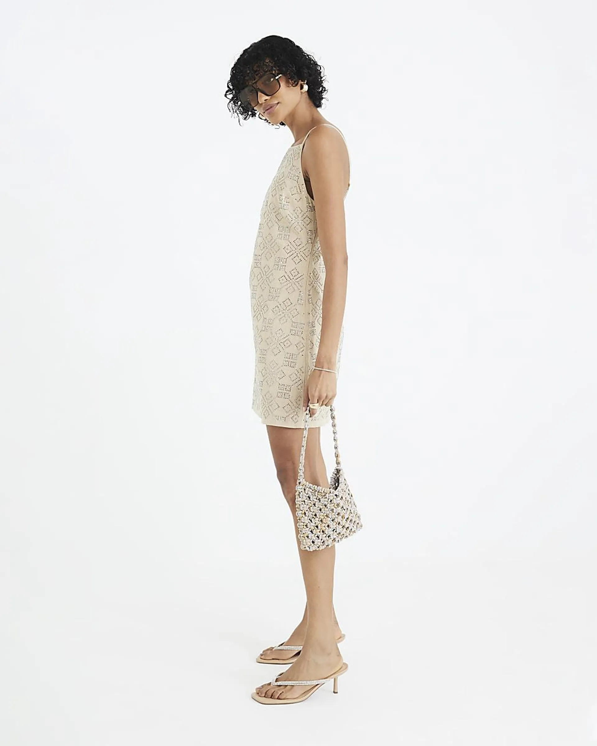 Beige Sleeveless Embellished Mini Dress