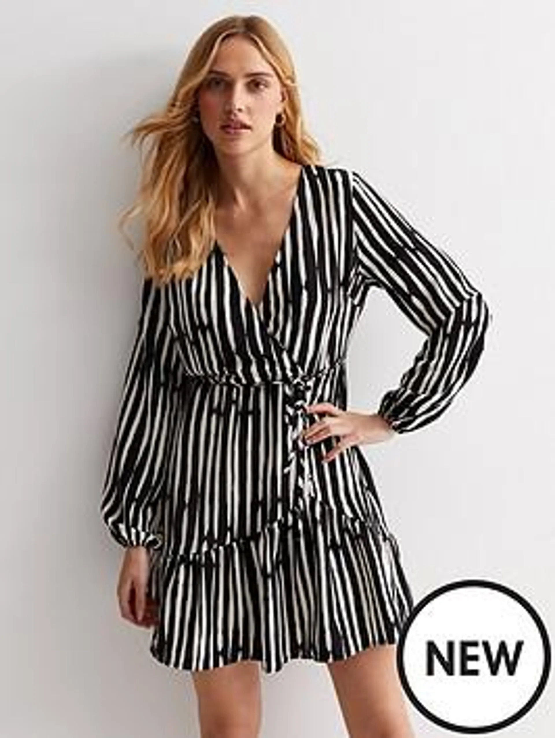 Black Stripe V Neck Wrap Asymmetric Hem Mini Dress