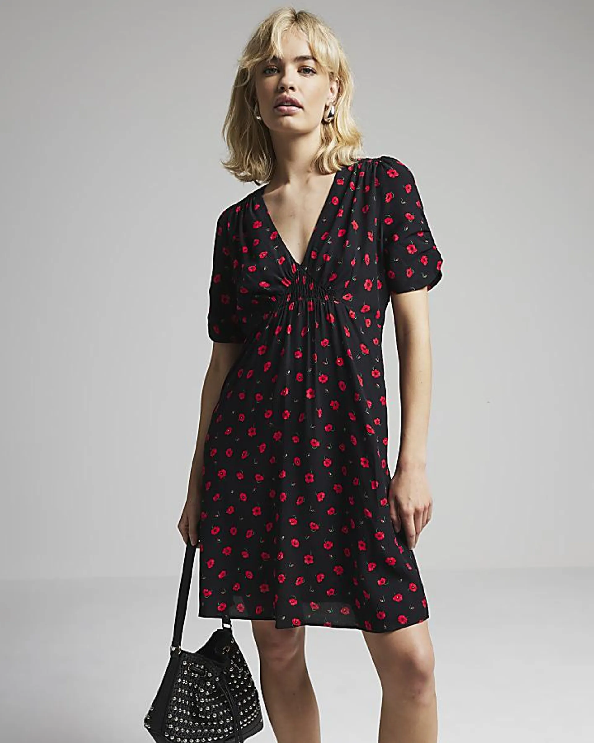 Black floral skater mini dress