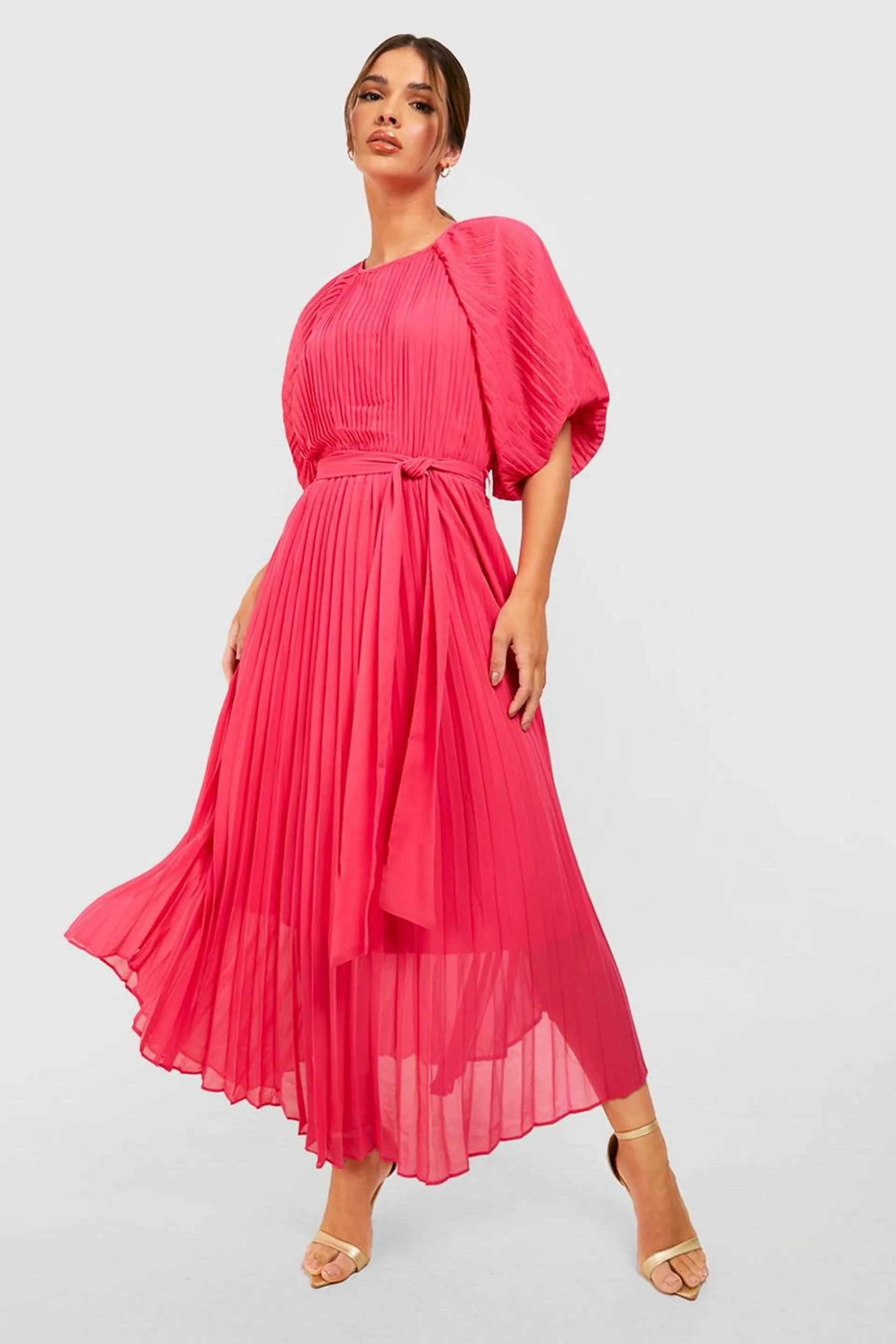 Pleated Puff Sleeve Midi Dress