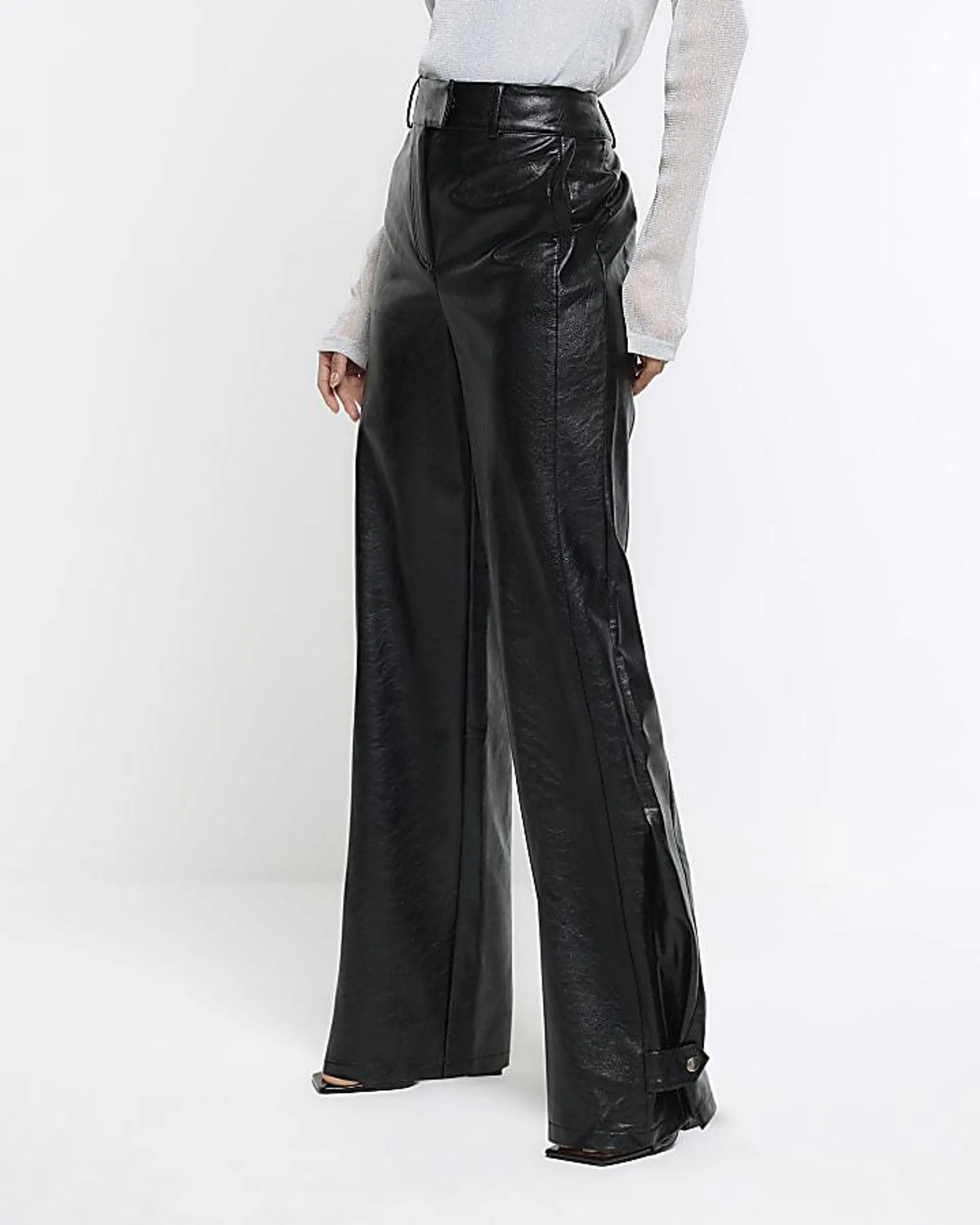 Black faux leather wide leg trousers