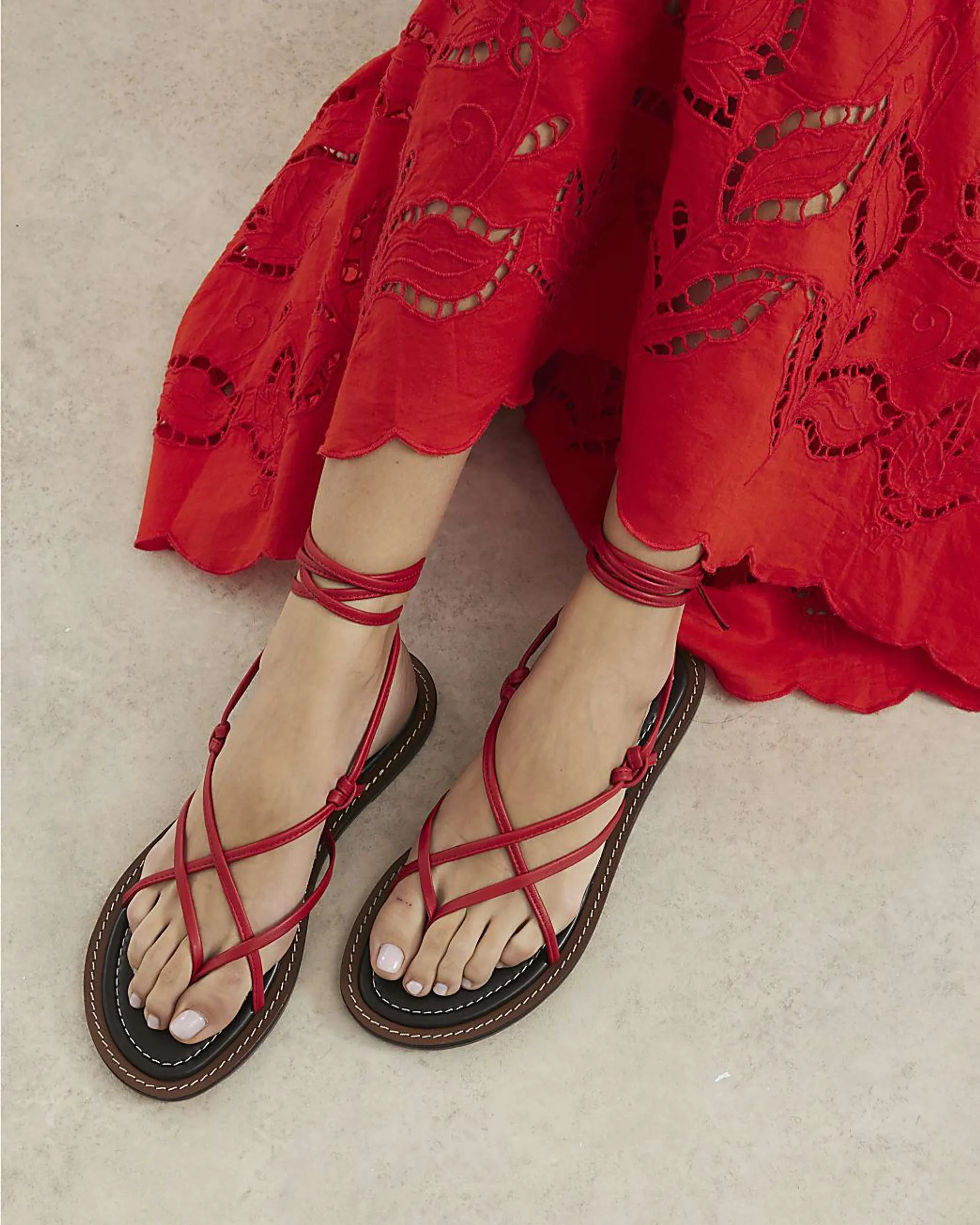 Red Leather Strappy Tie Up Sandals