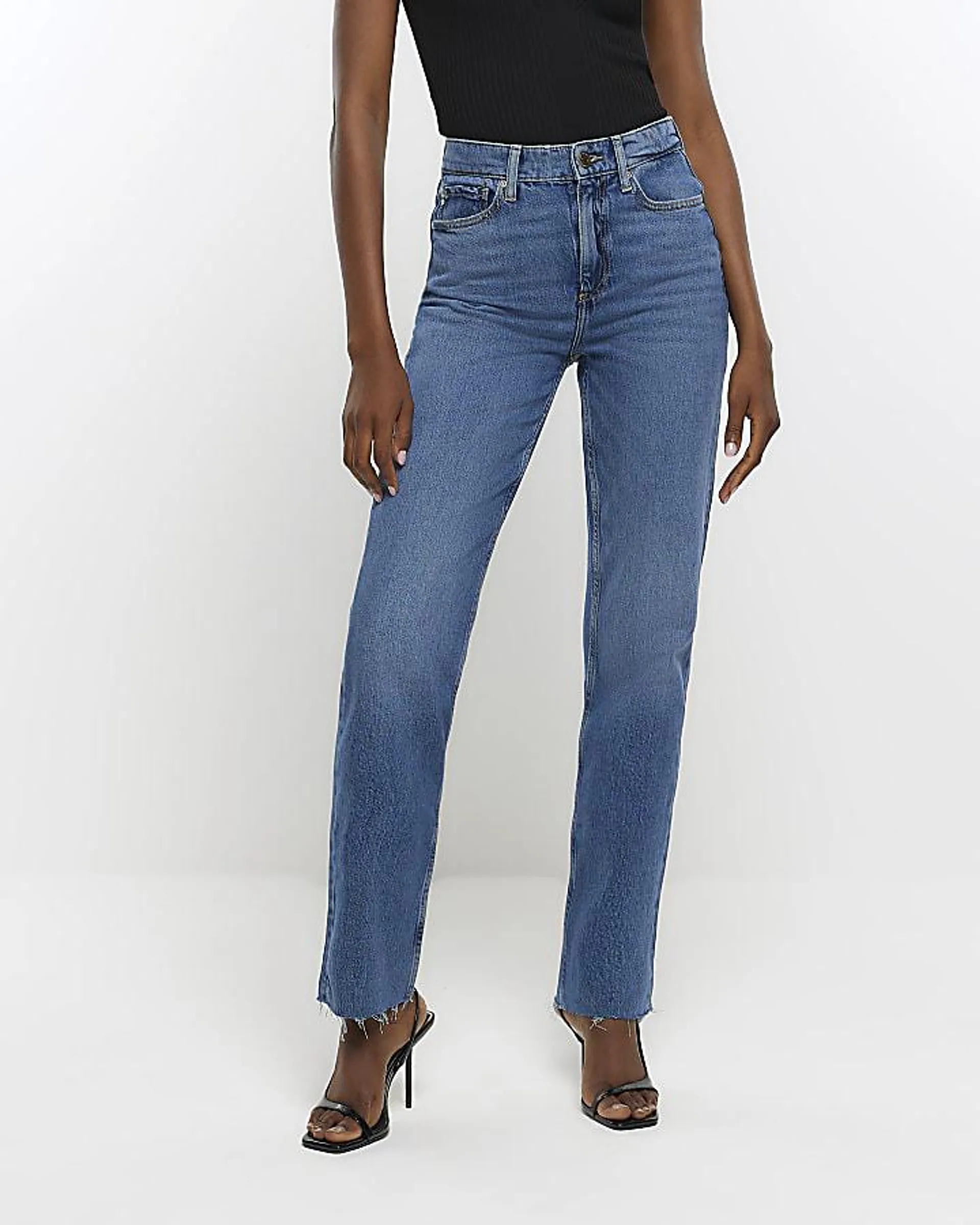 Blue high waist straight leg jeans