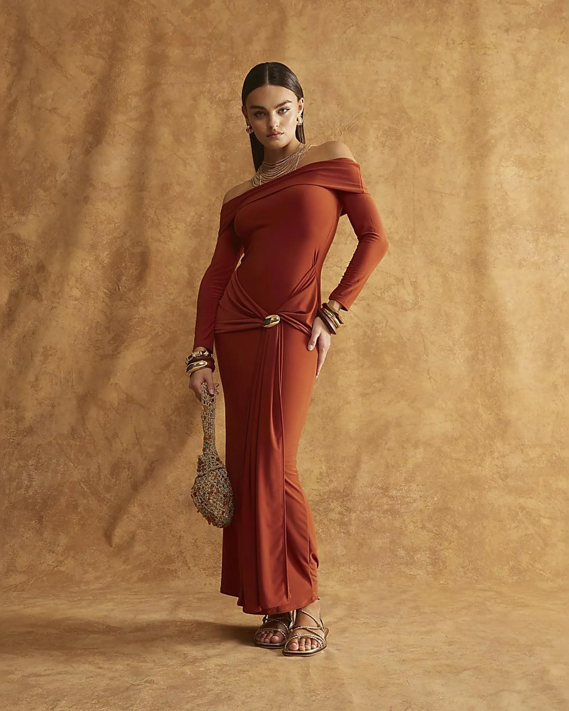 Rust Bardot Trim Maxi Dress