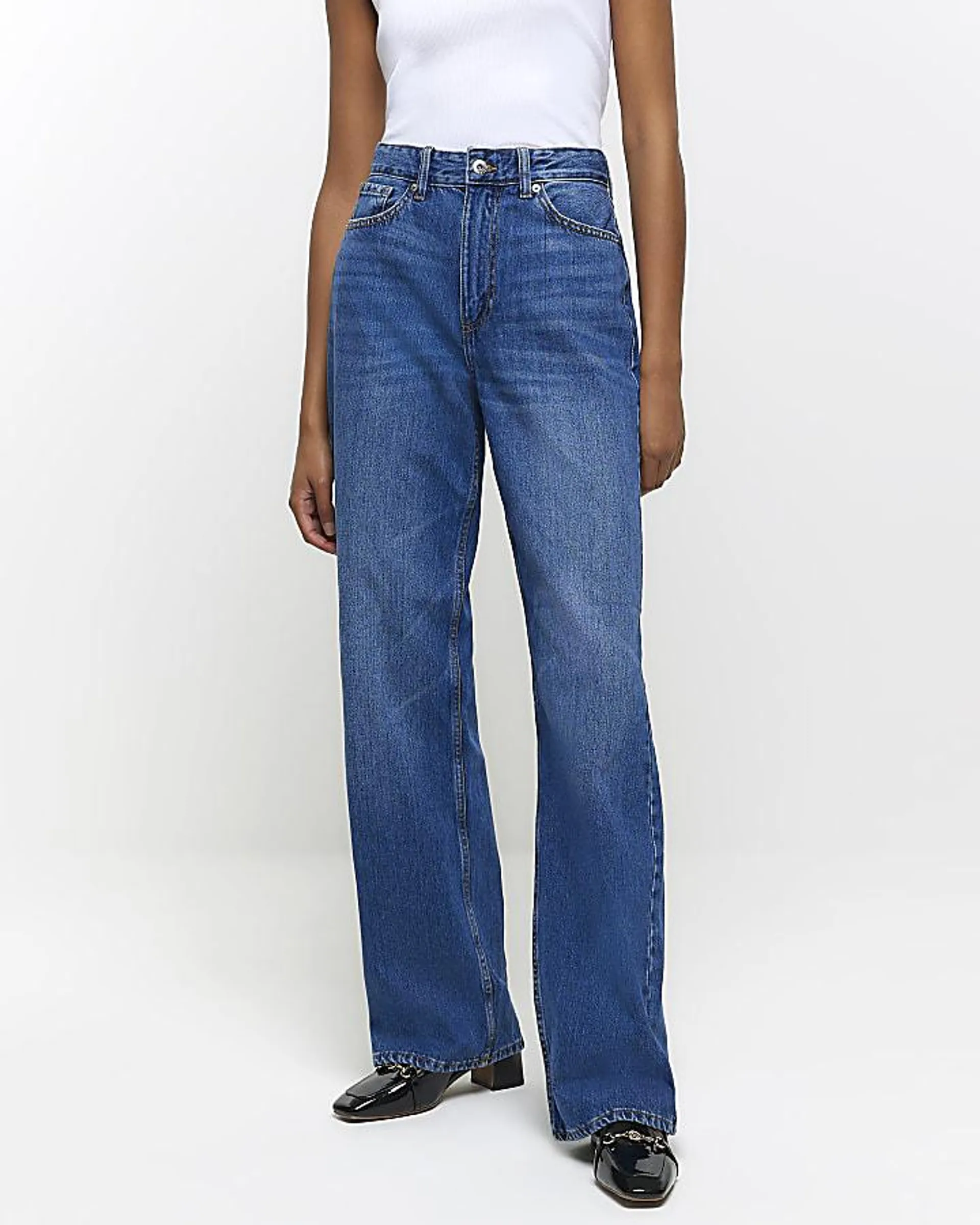 Blue high waisted relaxed straight leg jeans