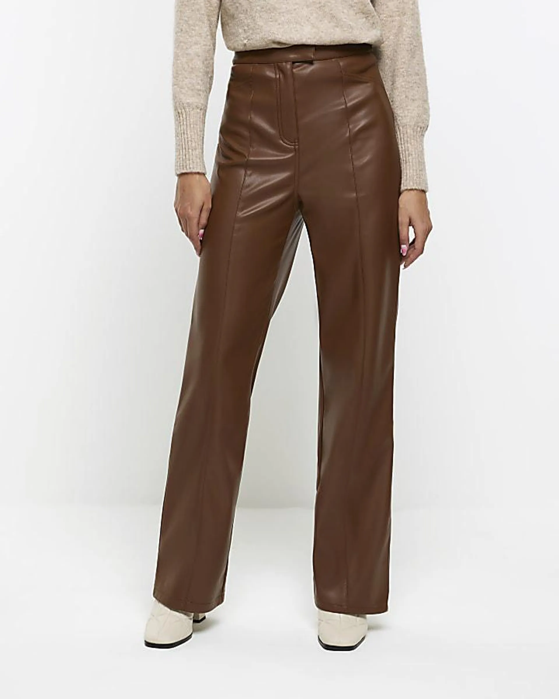 Brown faux leather straight trousers