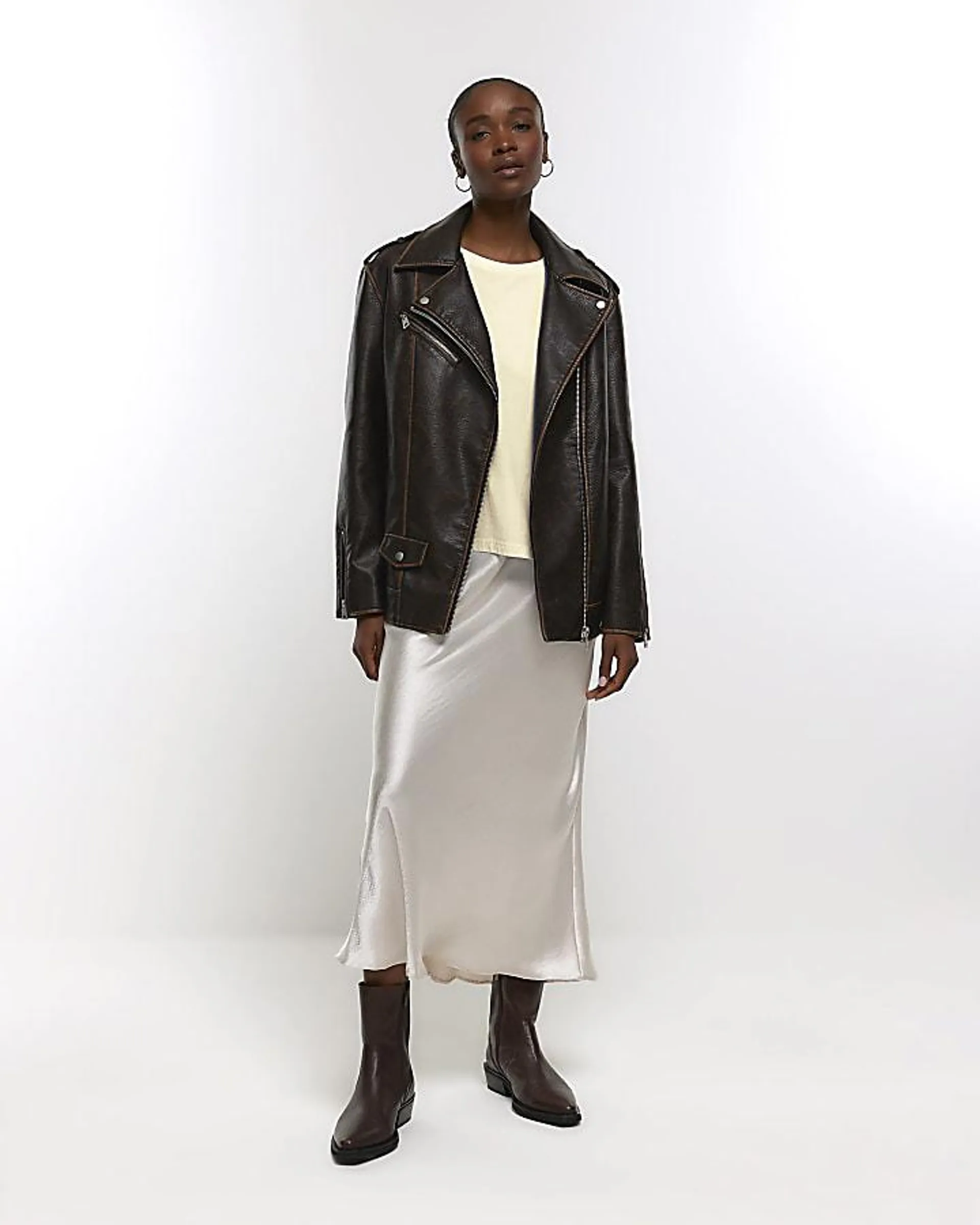 Brown faux leather oversized biker jacket