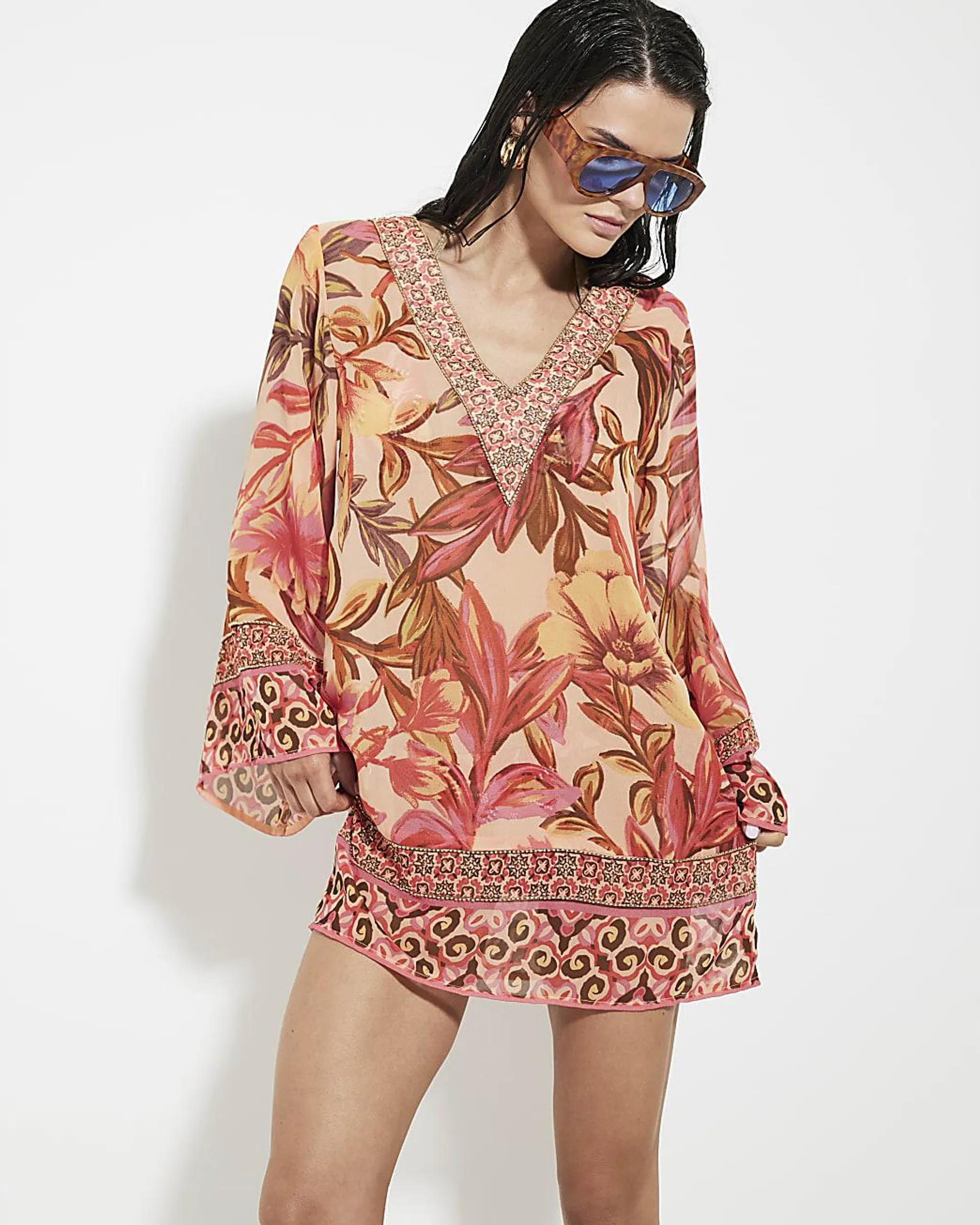 Multi Colour Floral Chiffon Tunic Beach Dress