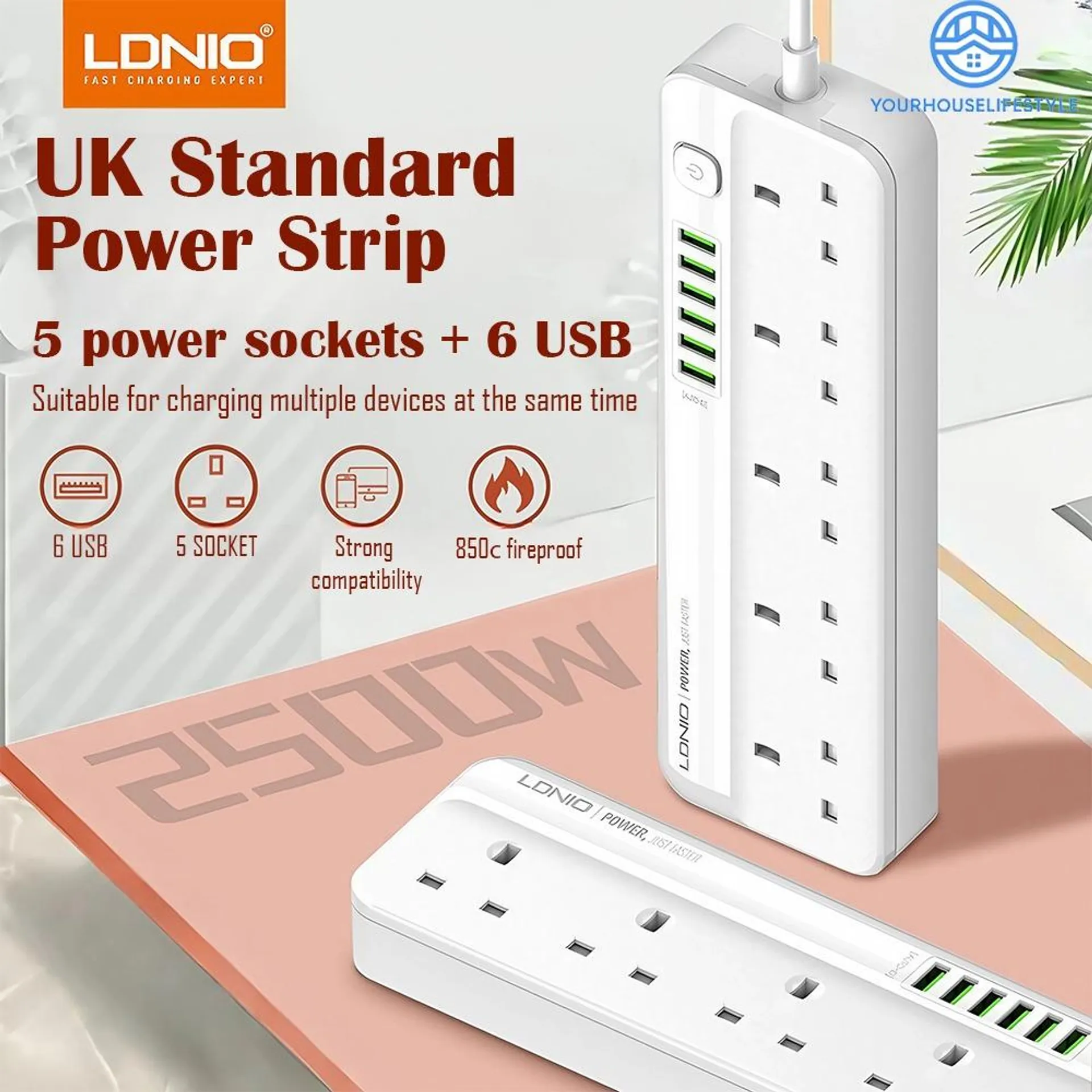 LDNIO 5 GANG POWER STRIP & 6 X USB PORTS