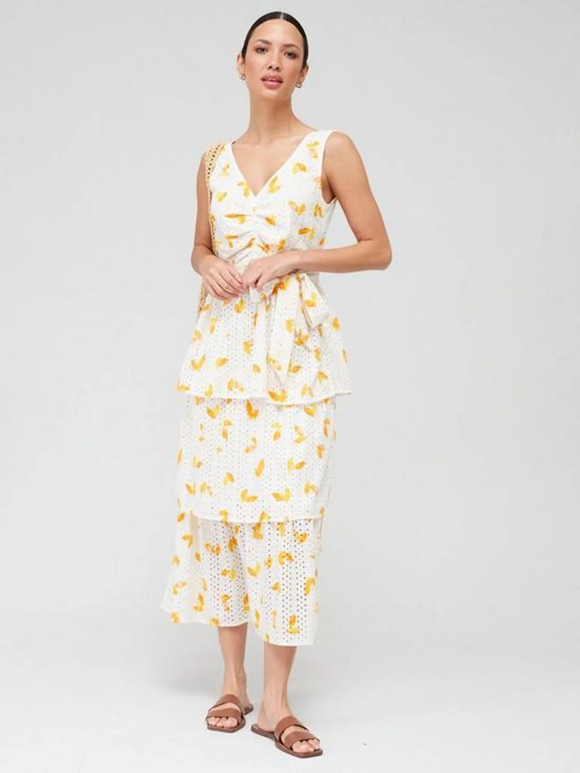 Printed Embroidery Tiered Midi Dress